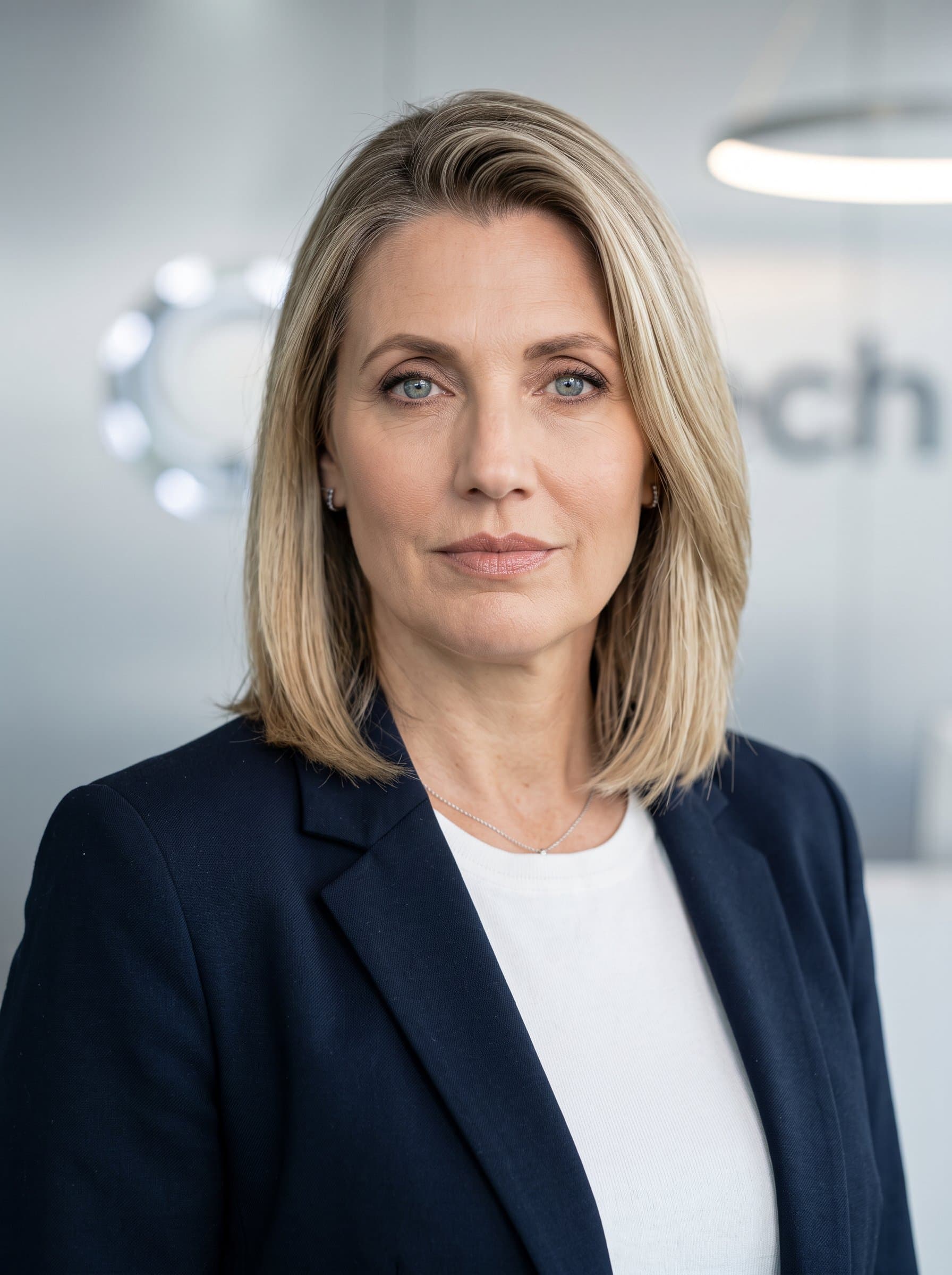 team member with shoulder-length hair and no glasses, dressed in a smart casual top. Background is a soft silver hue, emphasizing a modern, tech-savvy persona. High-resolution facial clarity.
