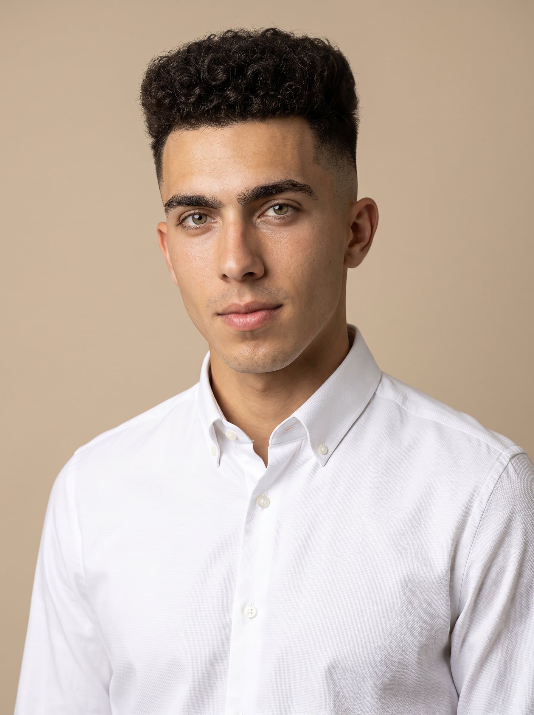 man with a high top fade hairstyle, in a modern dress shirt. Background is a neutral sand color, showcasing a balance of professionalism and creativity, with precise facial details.