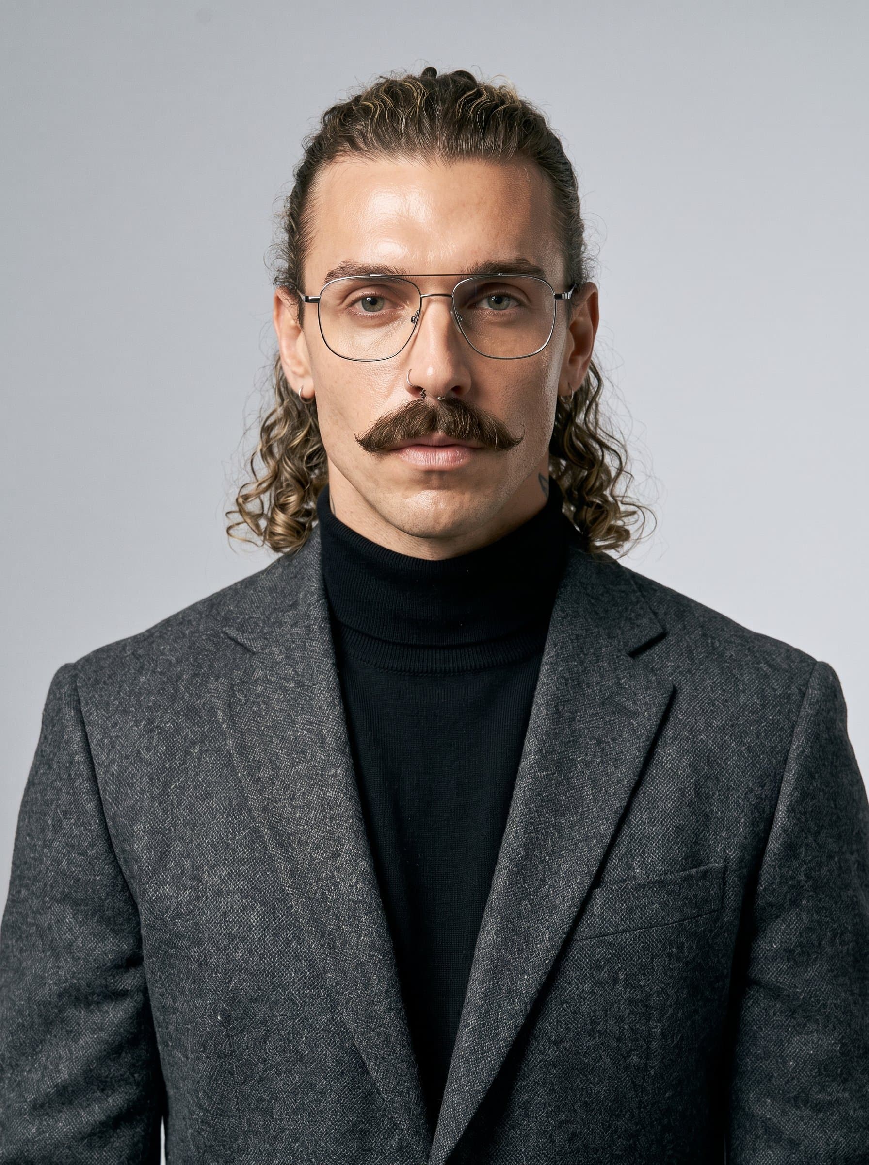 man with long curly hair pulled back and sleek, modern eyewear. Dressed in a stylish blazer on a soft grey background, exuding creativity and competence. Sharp, high-resolution details.
