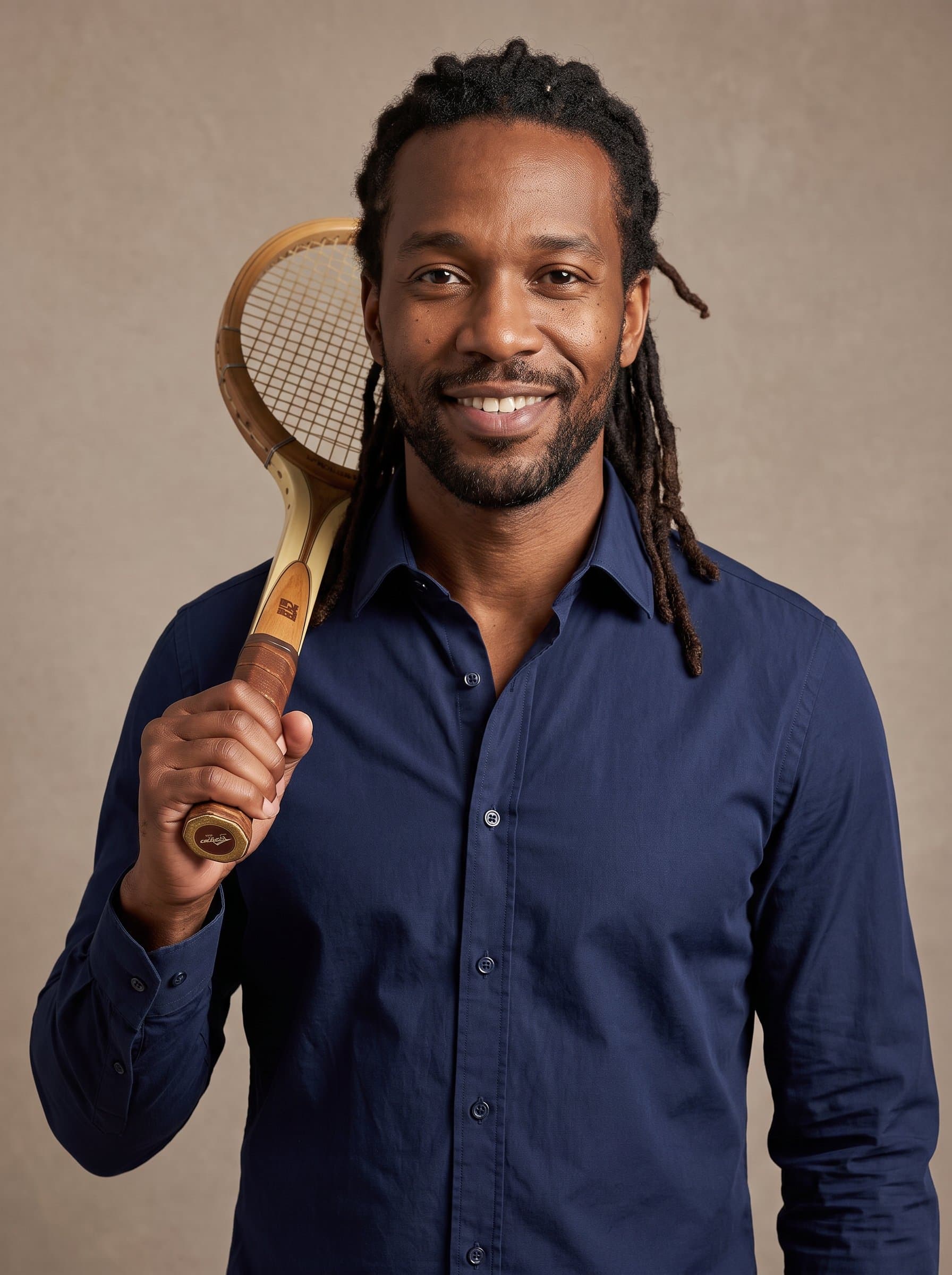 man with dreadlocks and a warm smile, wearing a classic button-up shirt. Background is a gentle taupe shade, projecting inclusivity and competence in a photorealistic style.