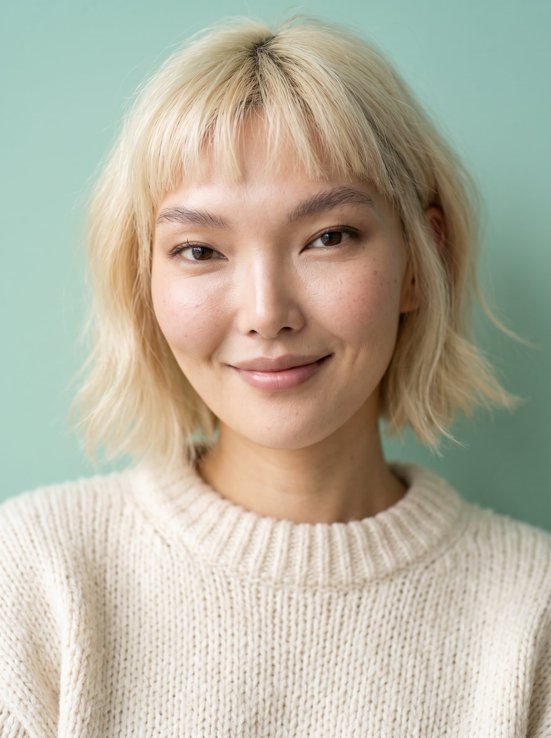 team member with a gentle expression and medium-length hair, wearing a knitted sweater. Background is a cool mint green, projecting a refreshing and approachable vibe with clear, detailed features.