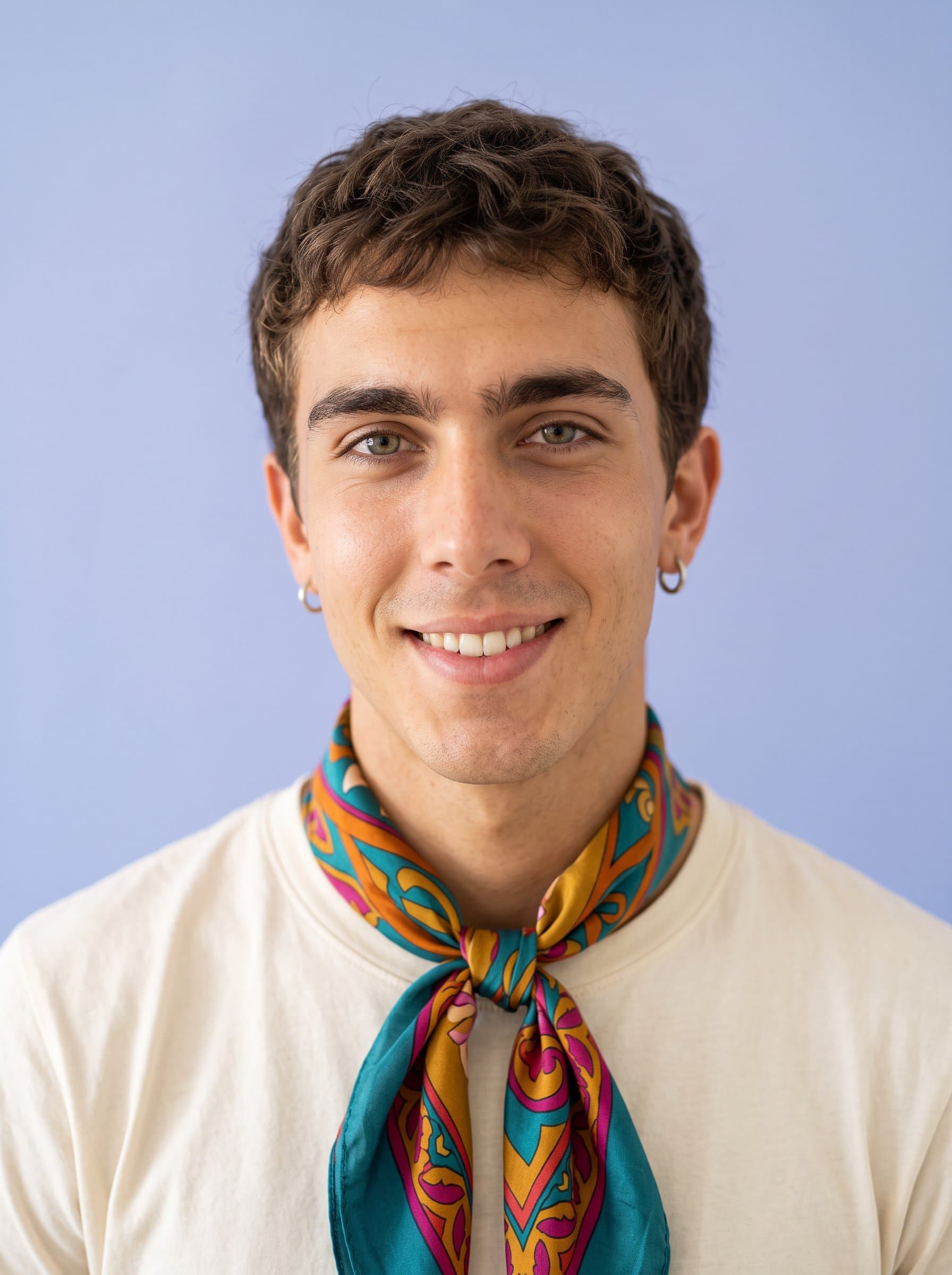 man with a pixie cut, wearing a colorful scarf over a simple shirt. Background is a light pastel shade, offering a friendly and creative appearance, with sharp, focused facial details.