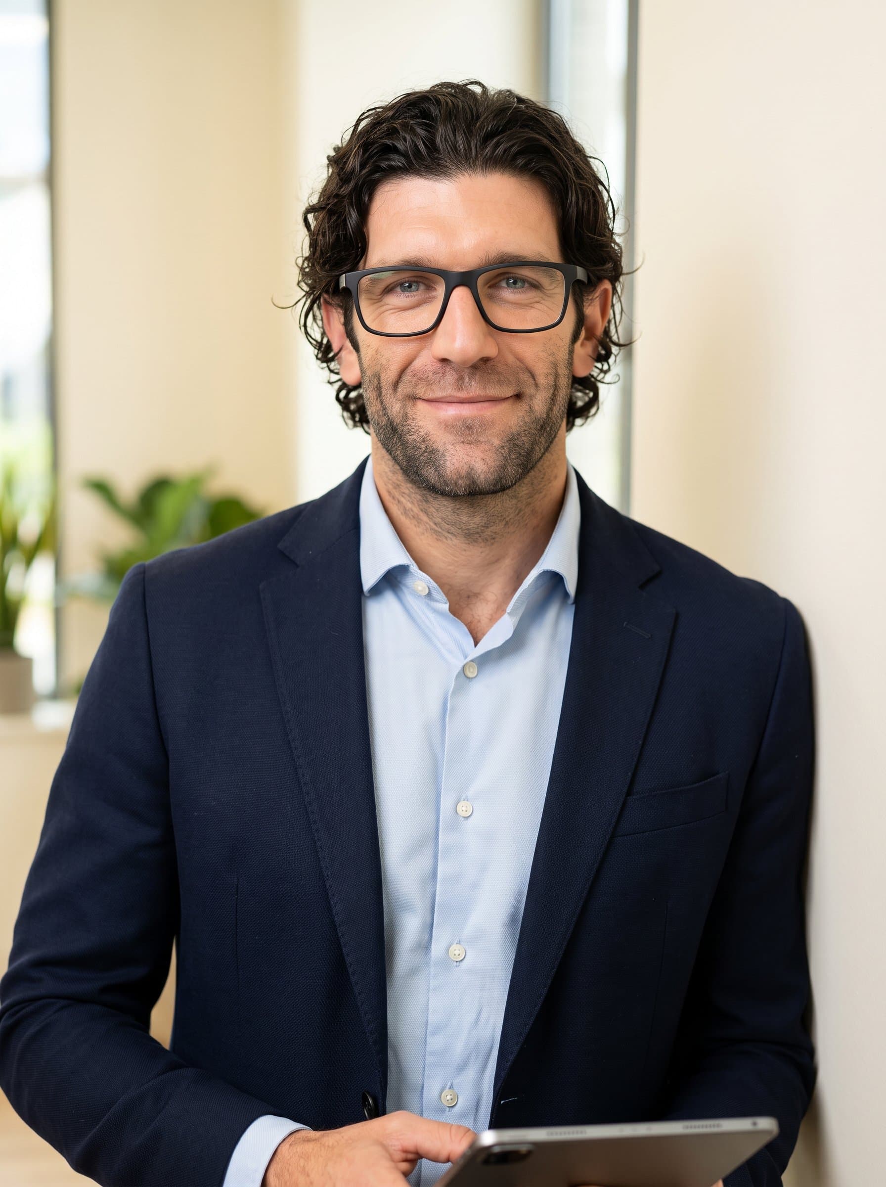man with rectangular glasses and a subtle smile, dressed in a business casual outfit. Soft ivory background, presenting a blend of innovation and friendliness, captured in high resolution.