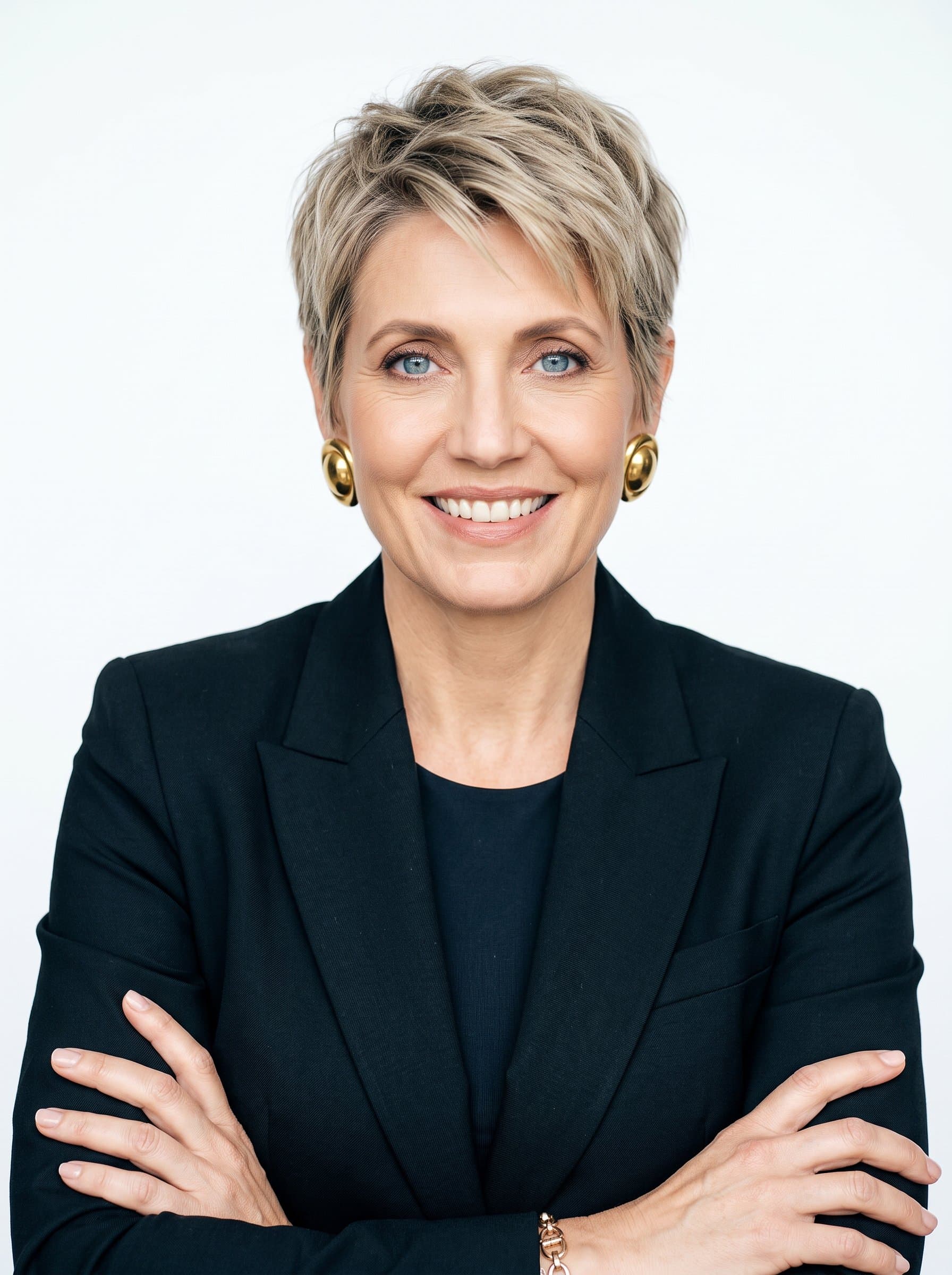 professional with cropped hair and an expressive face, in a sleek, dark top. Neutral white background, showcasing an approachable and innovative mindset, with crystal clear features.