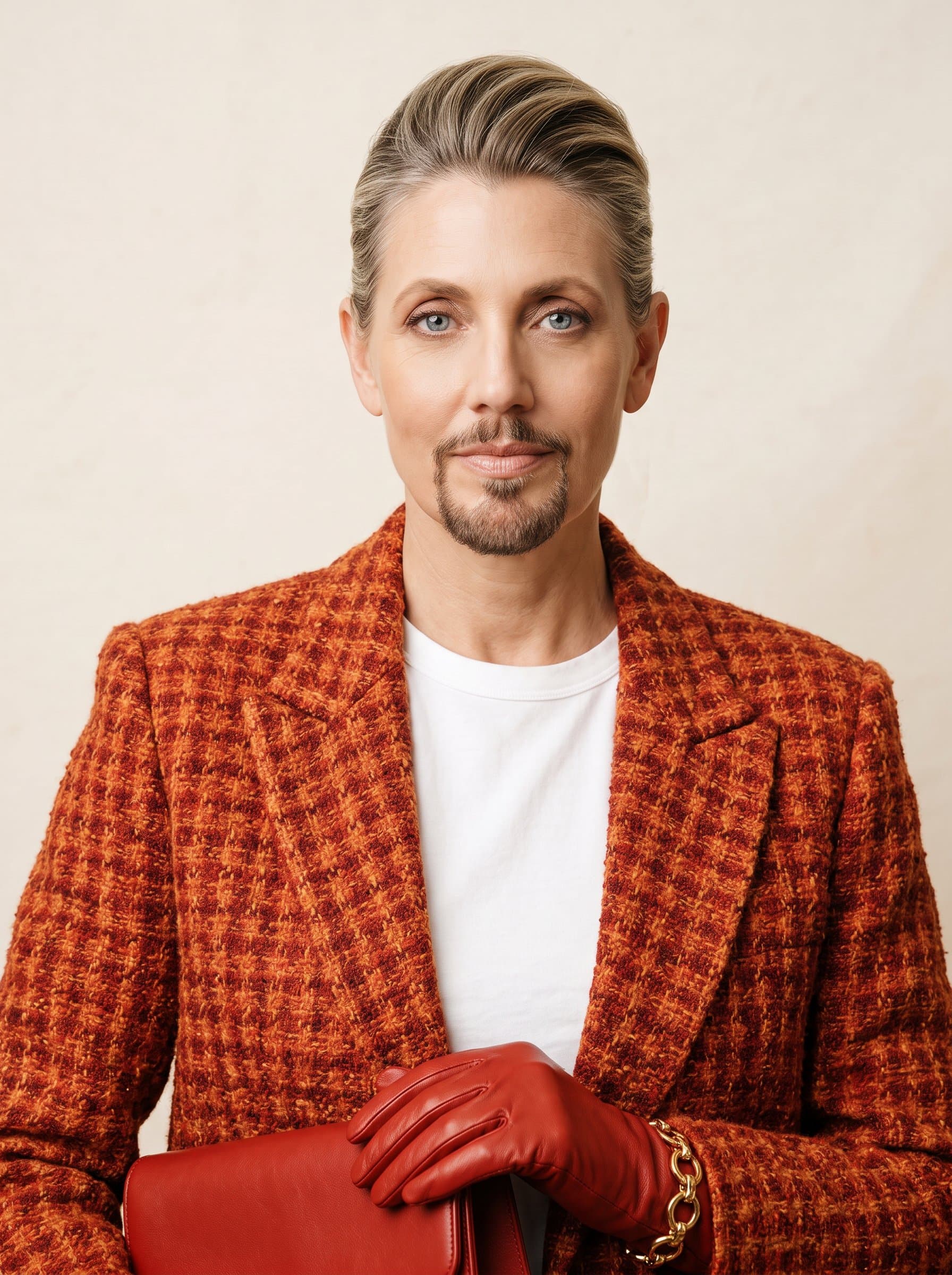 woman with a well-groomed goatee, dressed in a casual blazer over a tee. Background is a soft cream color, conveying a sense of relaxed professionalism, with high-definition clarity.