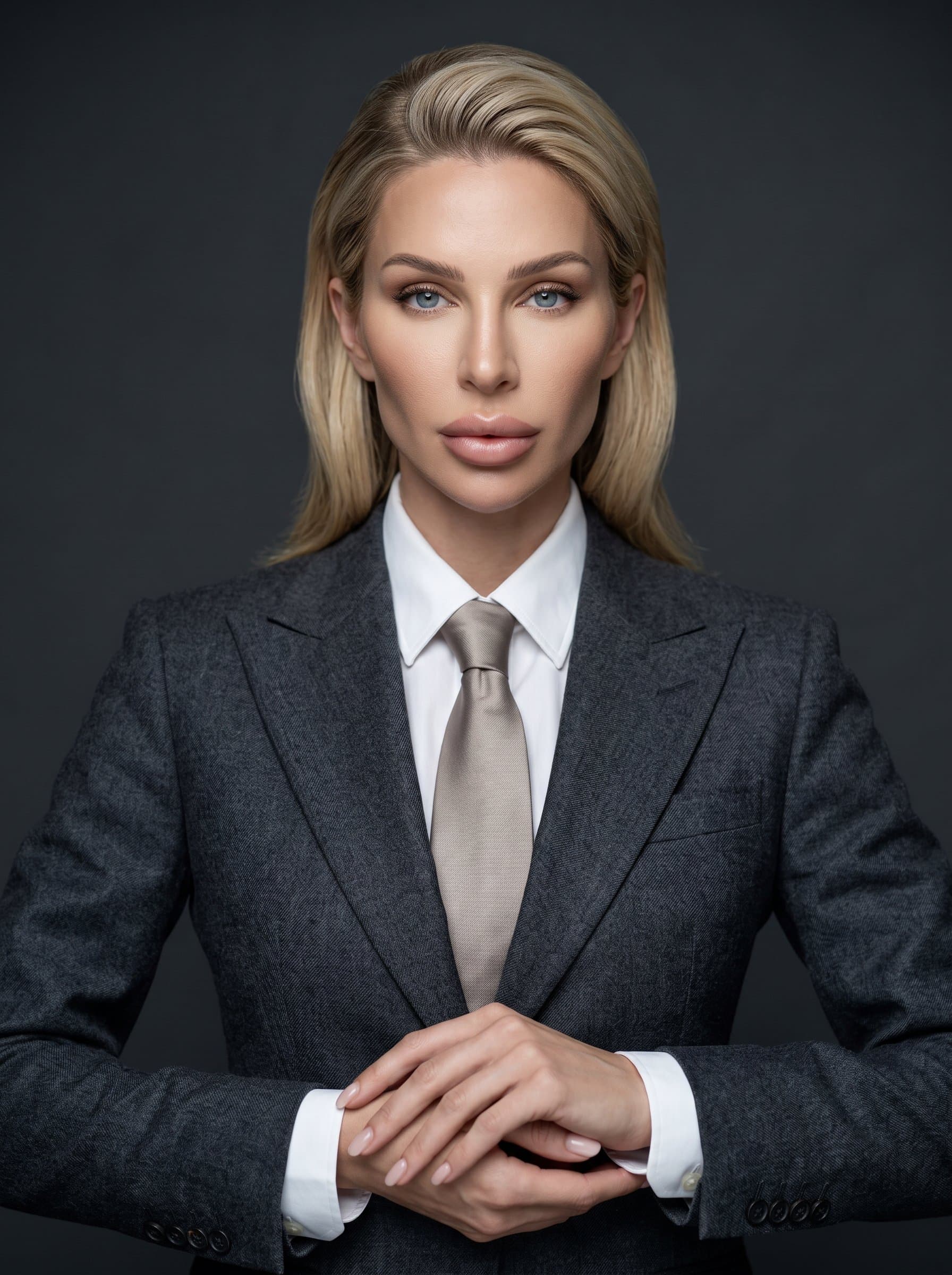 professional with sharp, angular features and neat hair, in a tailored suit. Background is a subdued charcoal grey, emphasizing a poised, forward-thinking presence in a photorealistic style.