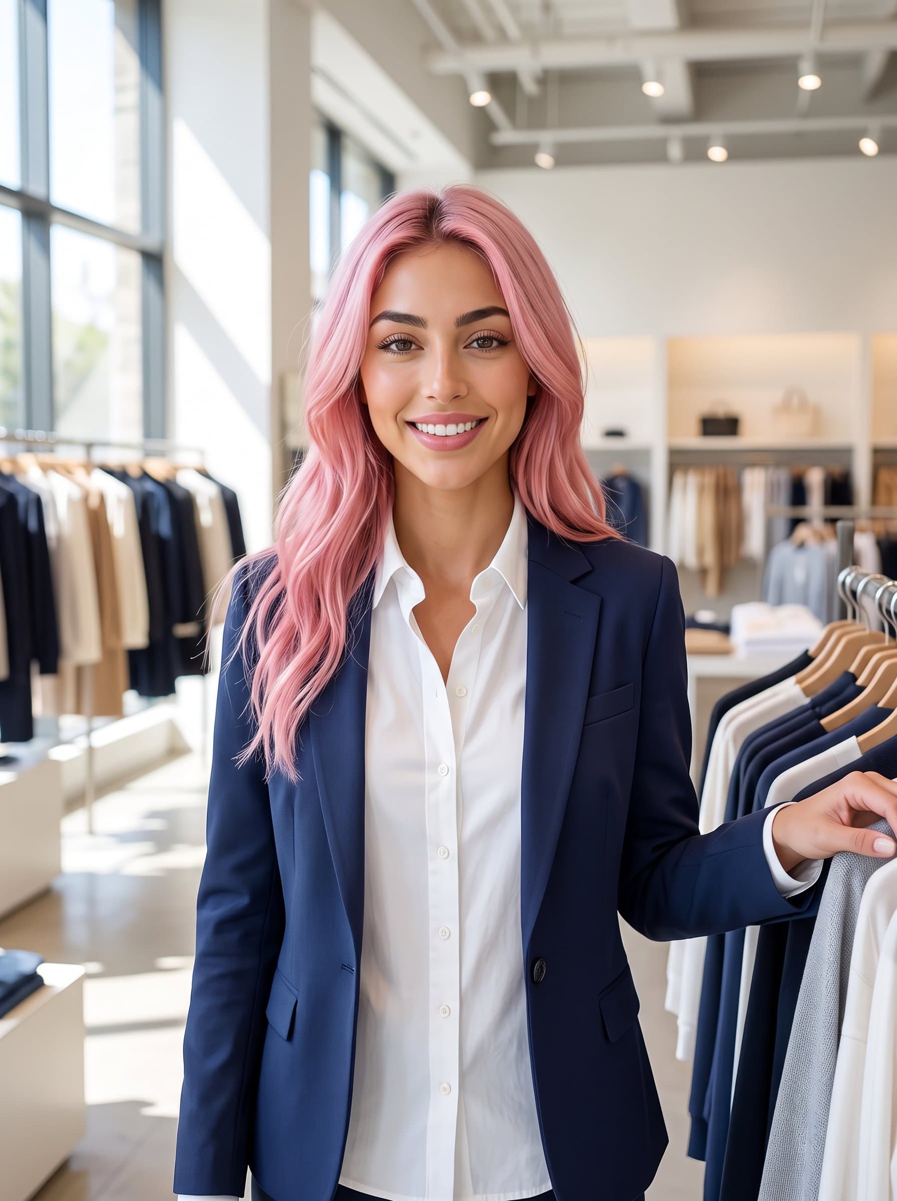 Create a professional headshot with showcasing a retail consultant, featuring a genuine smile, neat attire, and natural lighting within a spacious store interior for an approachable and knowledgeable impression.