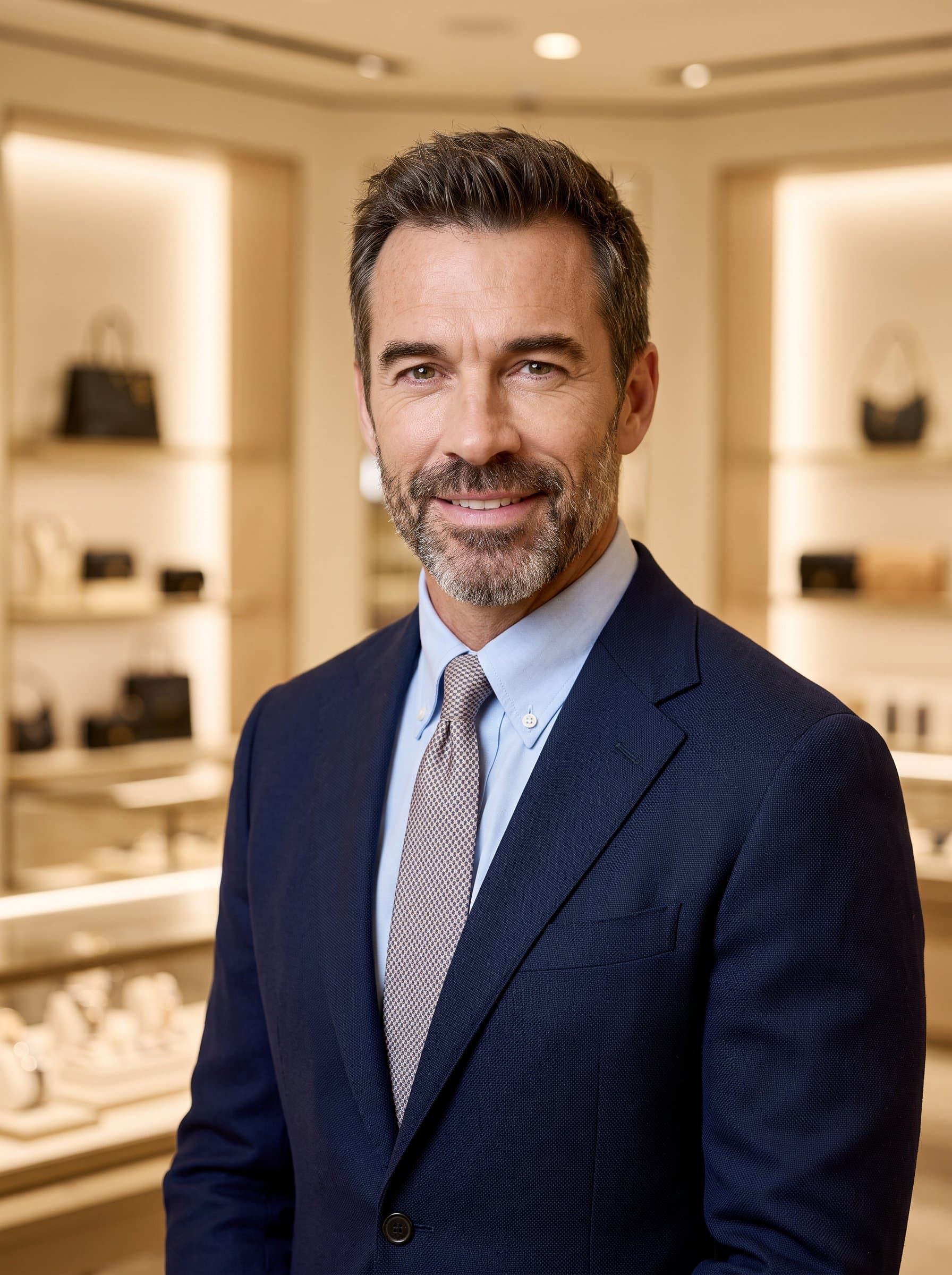 Produce a high-quality headshot featuring of a retail team member, highlighting a gentle smile and business attire, set in an elegant, softly-lit retail space to evoke trust and customer service excellence.