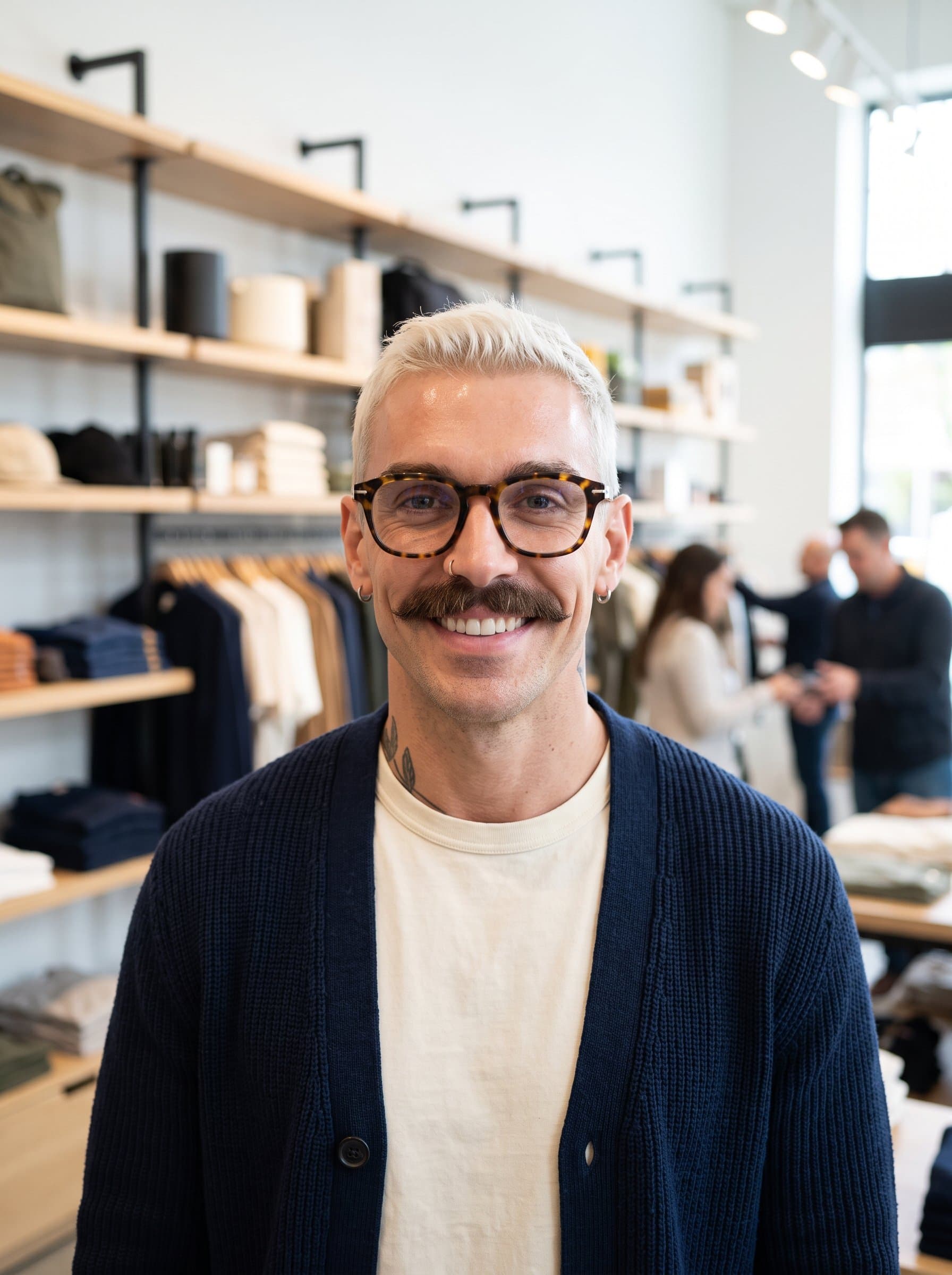 Generate a gender-neutral retail headshot incorporating showcasing an man with a welcoming expression and stylish eyewear, positioned in front of a softly focused retail shelf environment to emphasize customer engagement.