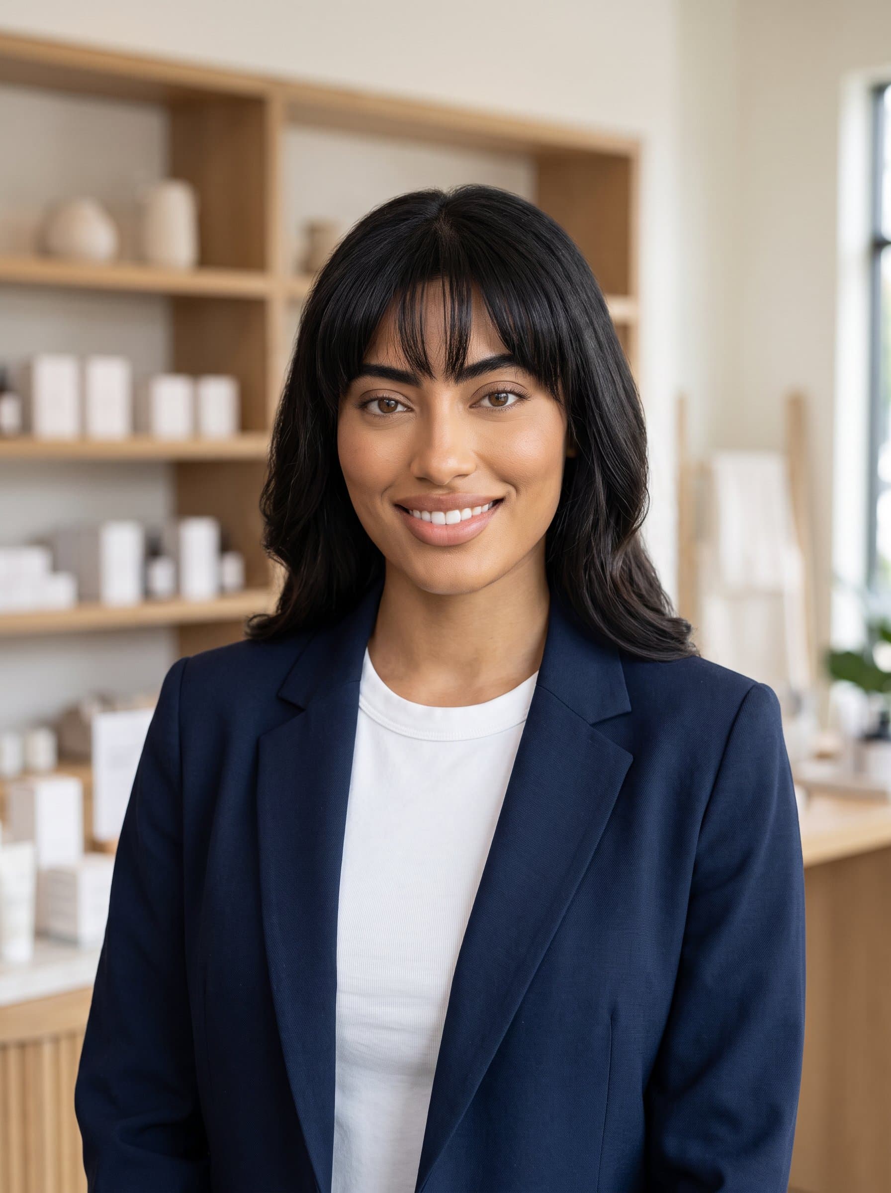 Design a headshot for a retail expert using capturing a confident expression with neat hair and contemporary business-casual clothing, framed by a minimalist store backdrop for a professional yet friendly aura.