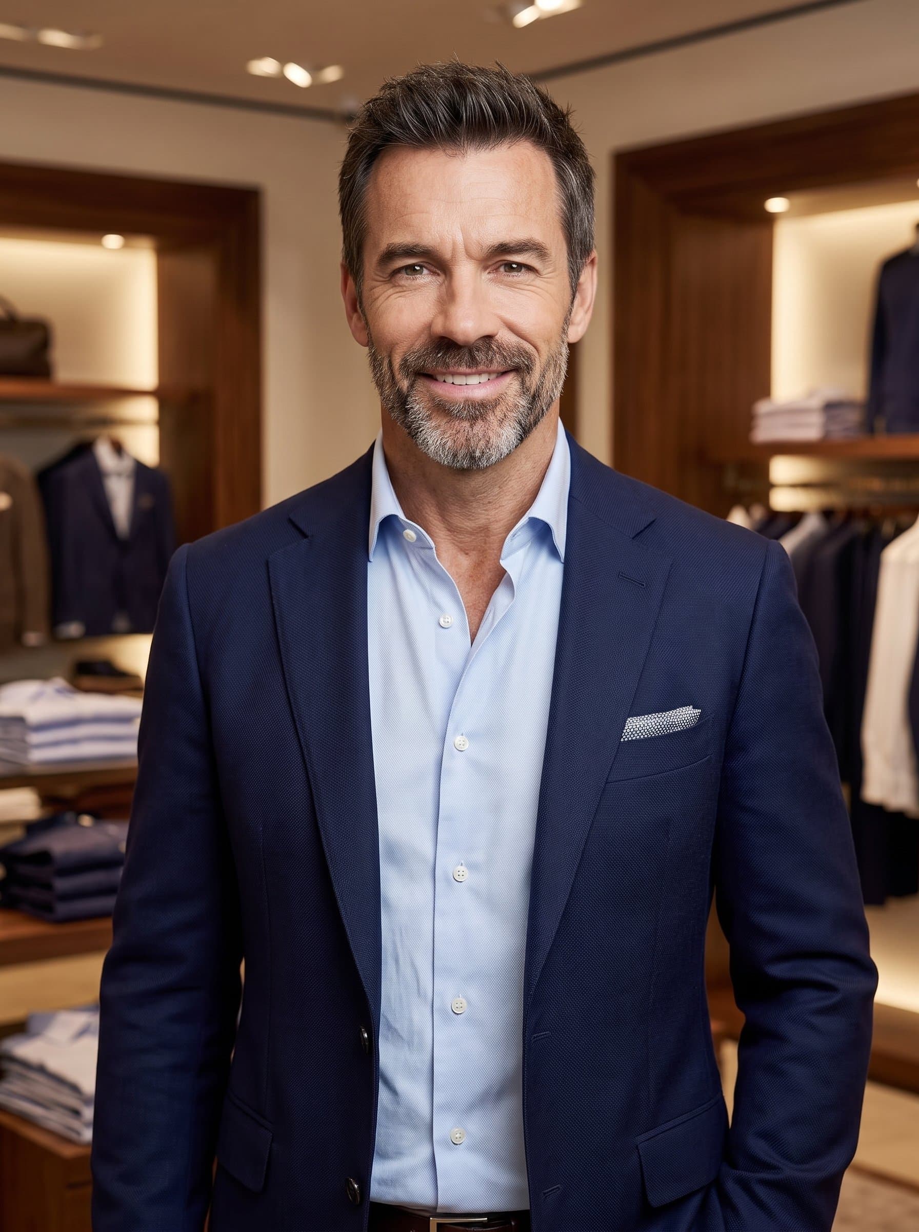 Generate a retail professional headshot using featuring an man with an inviting expression and smart-casual attire in a sophisticated store environment for a warm and professional appeal.
