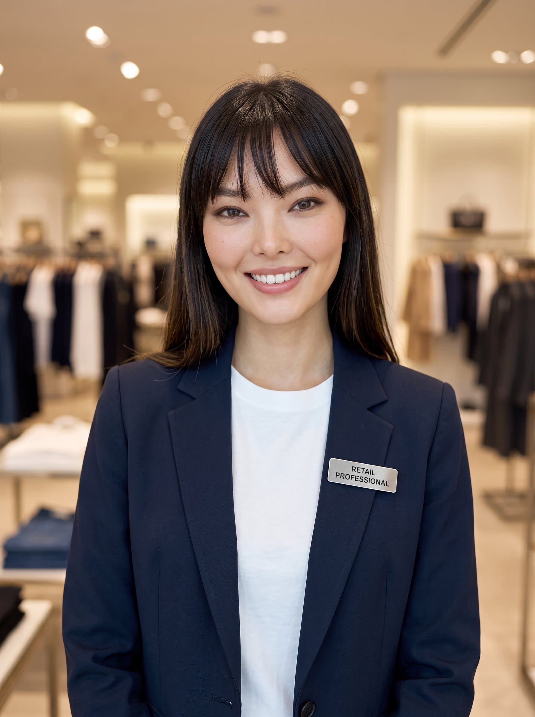 Create a photorealistic AI headshot of a retail professional with featuring a warm smile and smart-casual attire, set against a blurred department store background to convey approachability and professionalism.