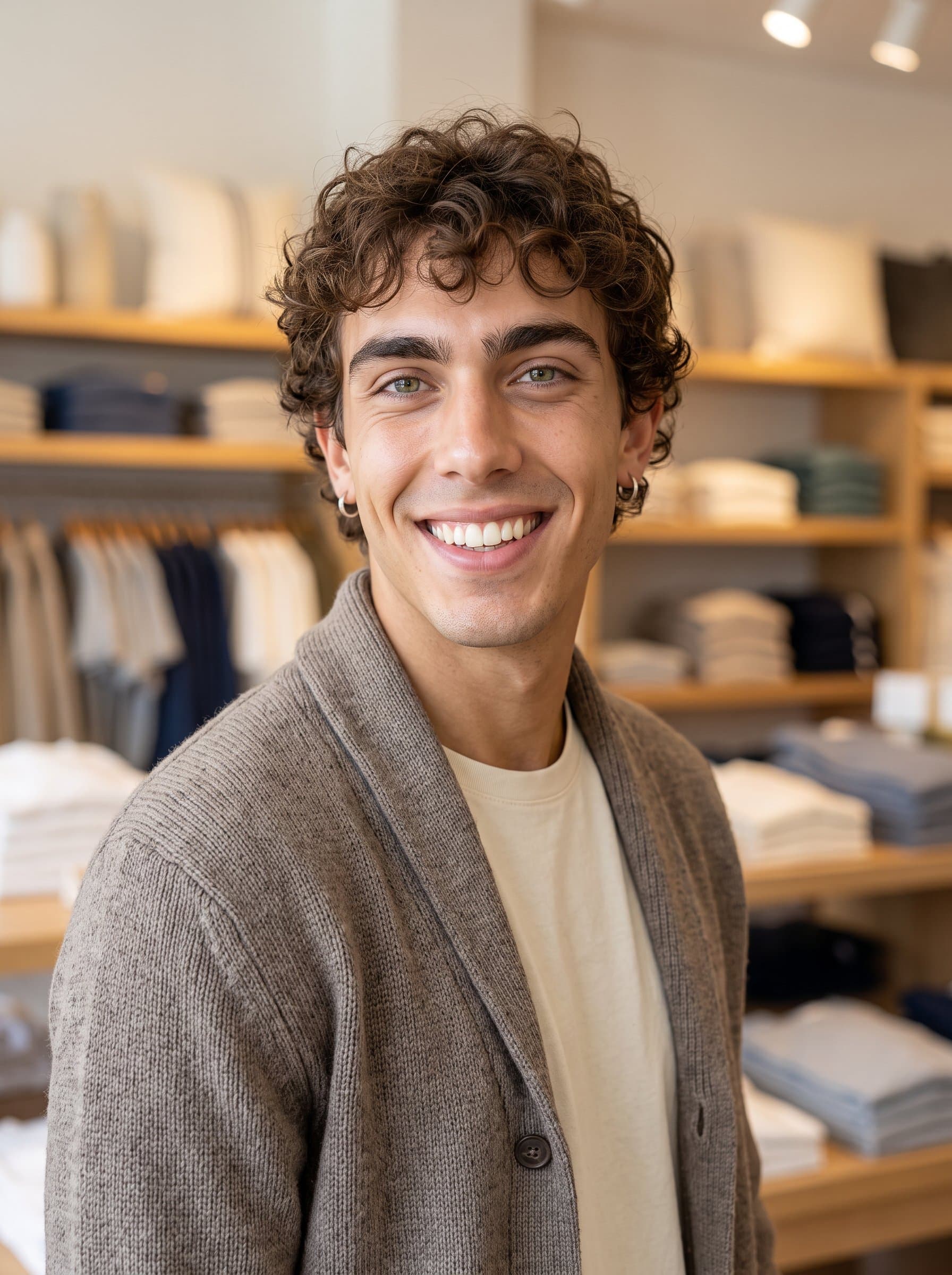 Produce a photorealistic retail-focused headshot with showing a gender-neutral man in a comfortable cardigan, beaming warmly in front of a softly-lit display to enhance customer-friendly vibes.