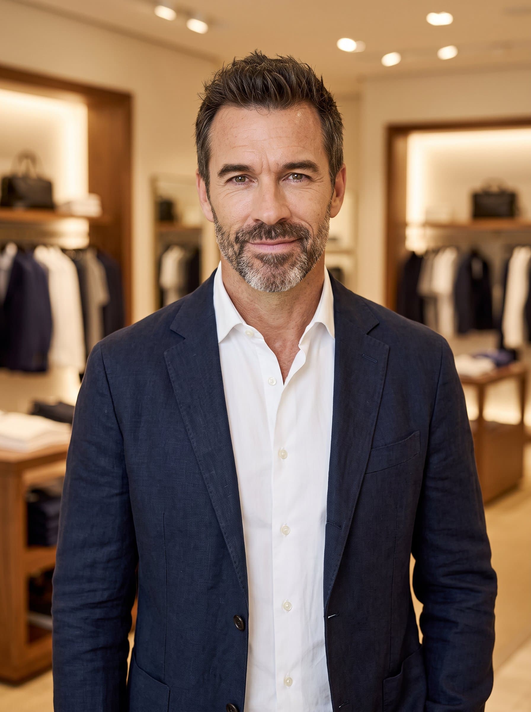 Design a high-quality headshot with for a retail expert, capturing a gentle smile and relaxed blazer style, surrounded by a softly-lit retail space to convey friendliness and professionalism.