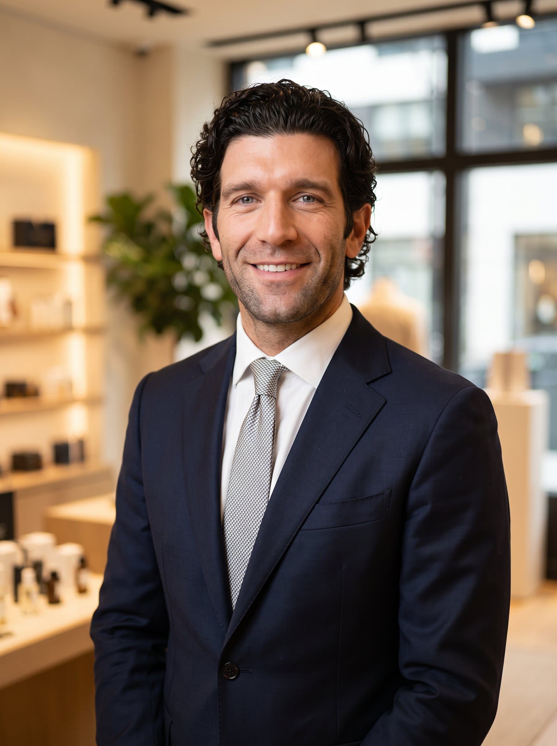 Craft an AI-generated retail headshot using capturing a friendly smile and neat suit, complemented by soft background lighting to convey an open and client-friendly atmosphere.