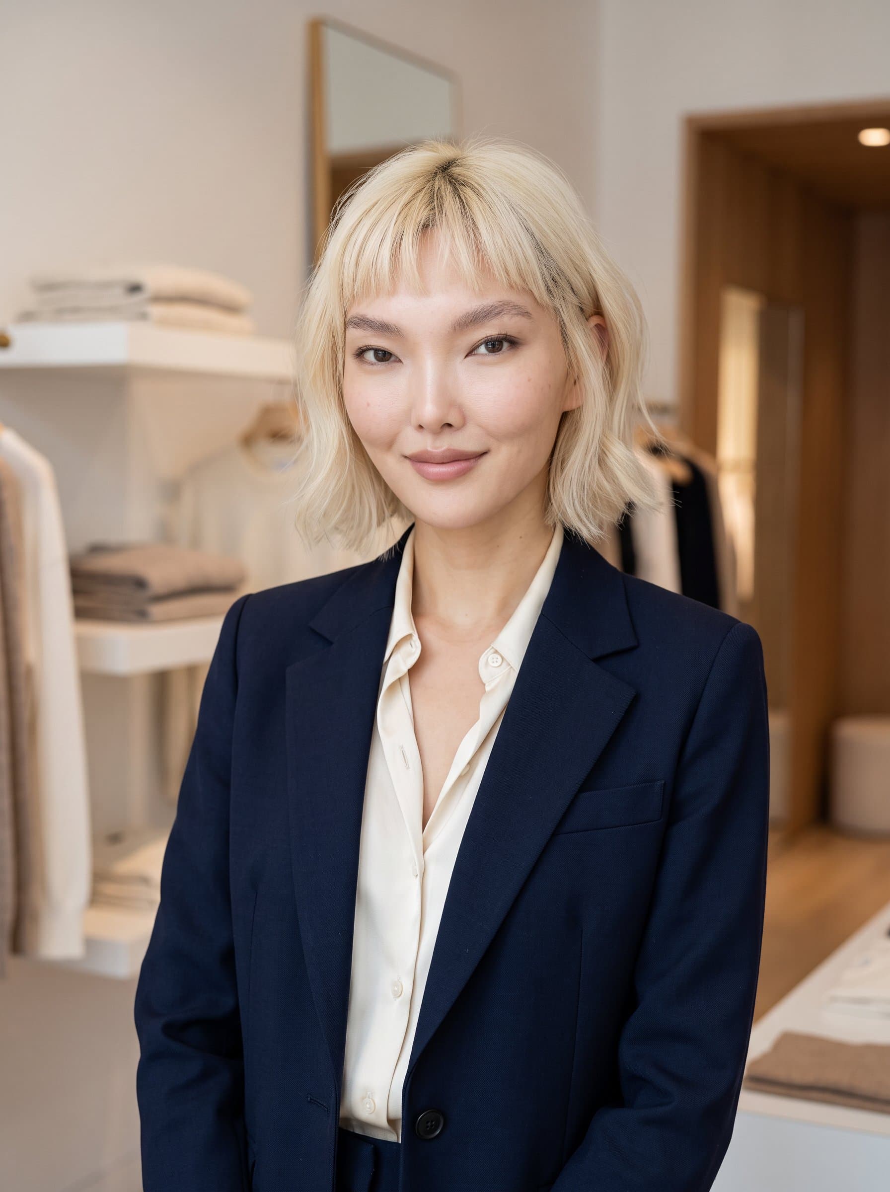 Render a photorealistic headshot with of a retail consultant, showing a gentle smile and stylish outfit, positioned in a minimalist retail environment for a calm yet professional look.