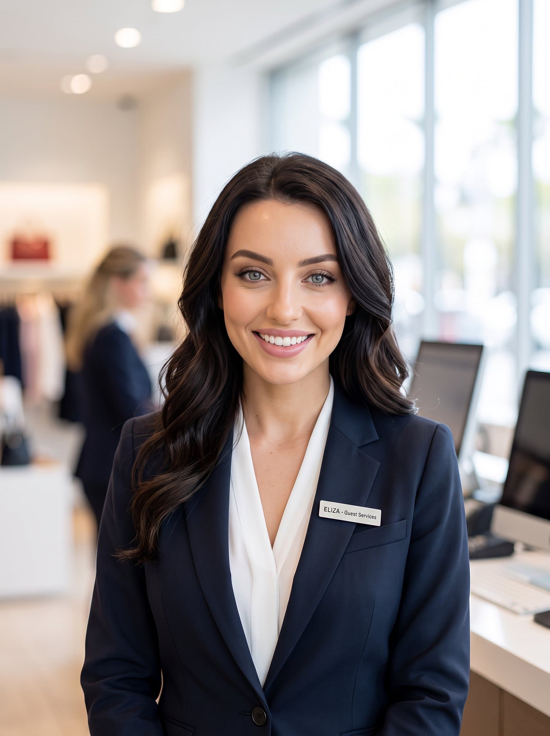 Craft a retail professional headshot using incorporating a kind smile, classic attire, and a blurred customer service desk background for a welcoming yet polished customer-facing presence.