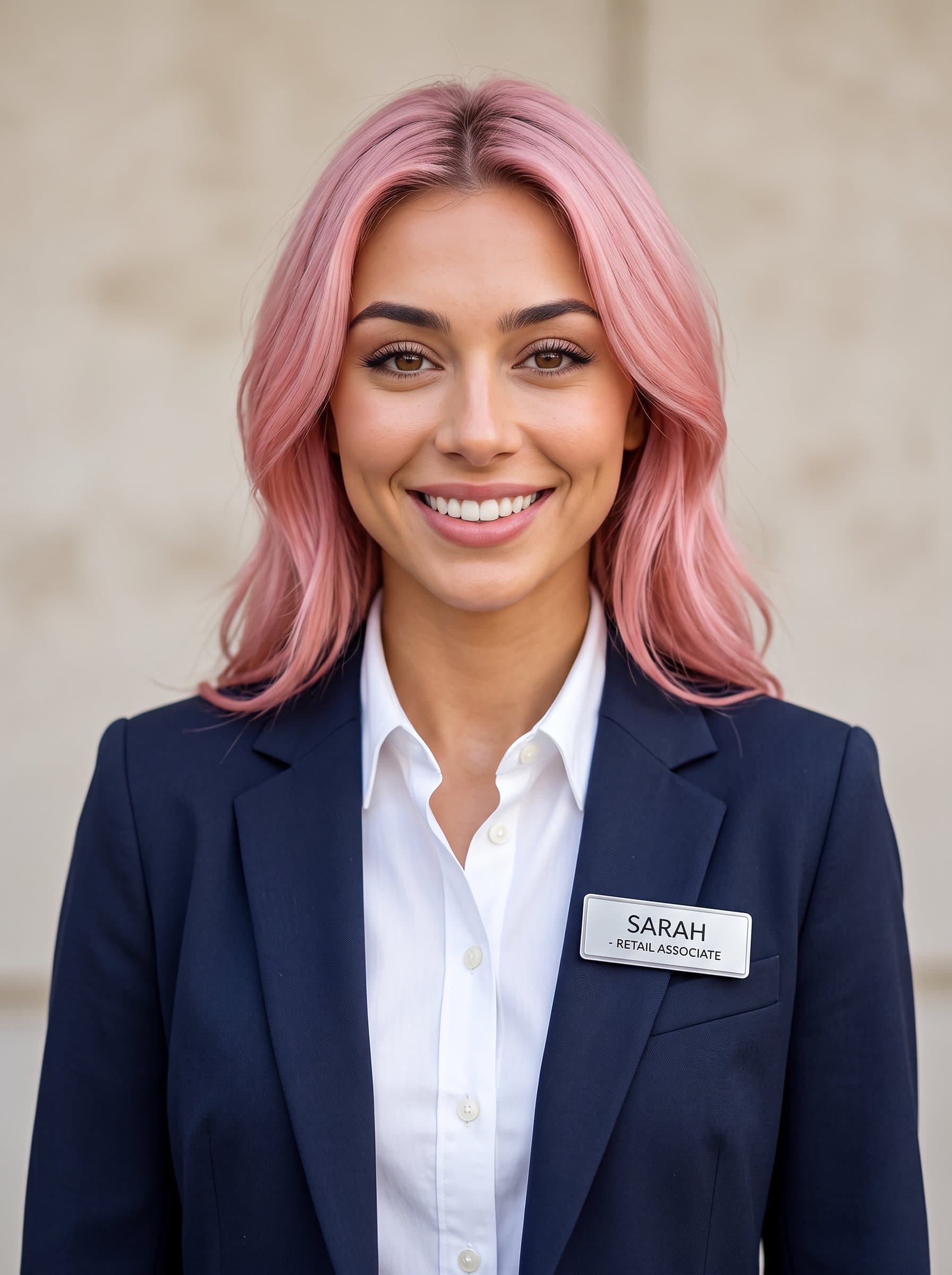 Craft a photorealistic AI headshot with reflecting a retail professional with a warm demeanor, wearing a name badge and smart outfit, against a neutral background for a polished customer-facing appearance.
