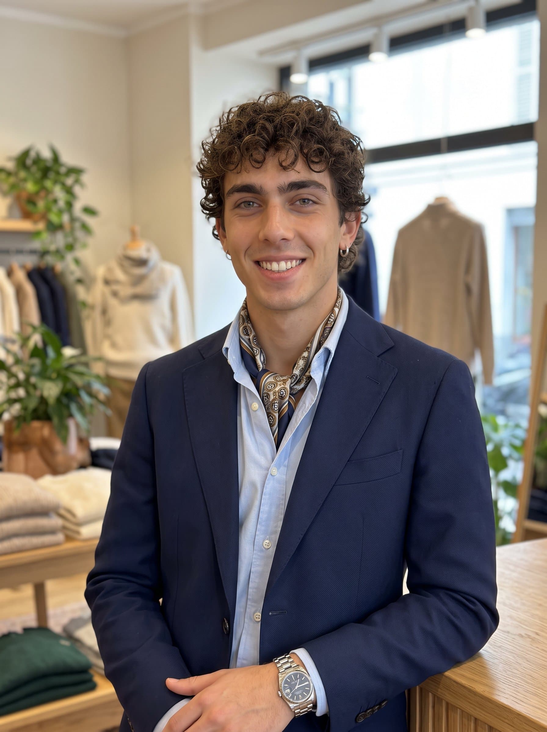Generate a retail headshot utilizing presenting an man with a friendly expression and modern accessories, like a scarf or watch, in a cozy boutique setting to underline personal connection with customers.
