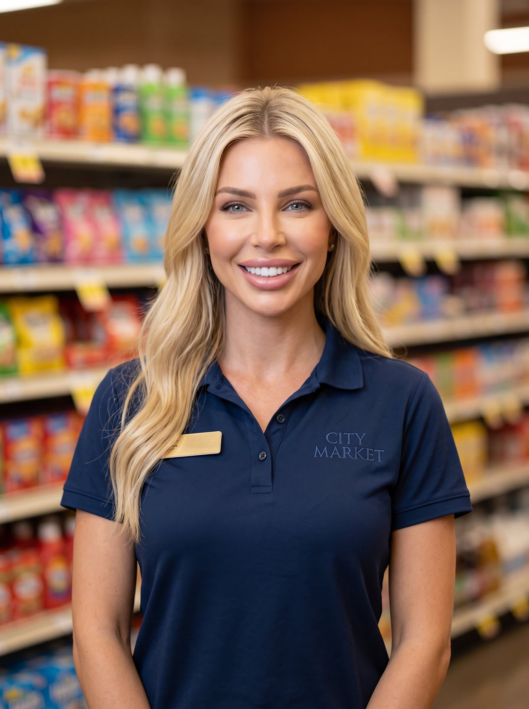 Produce a high-quality headshot including depicting a retail worker with a bright smile, modern attire, and softly blurred shelves behind for an approachable and knowledgeable customer-facing style.