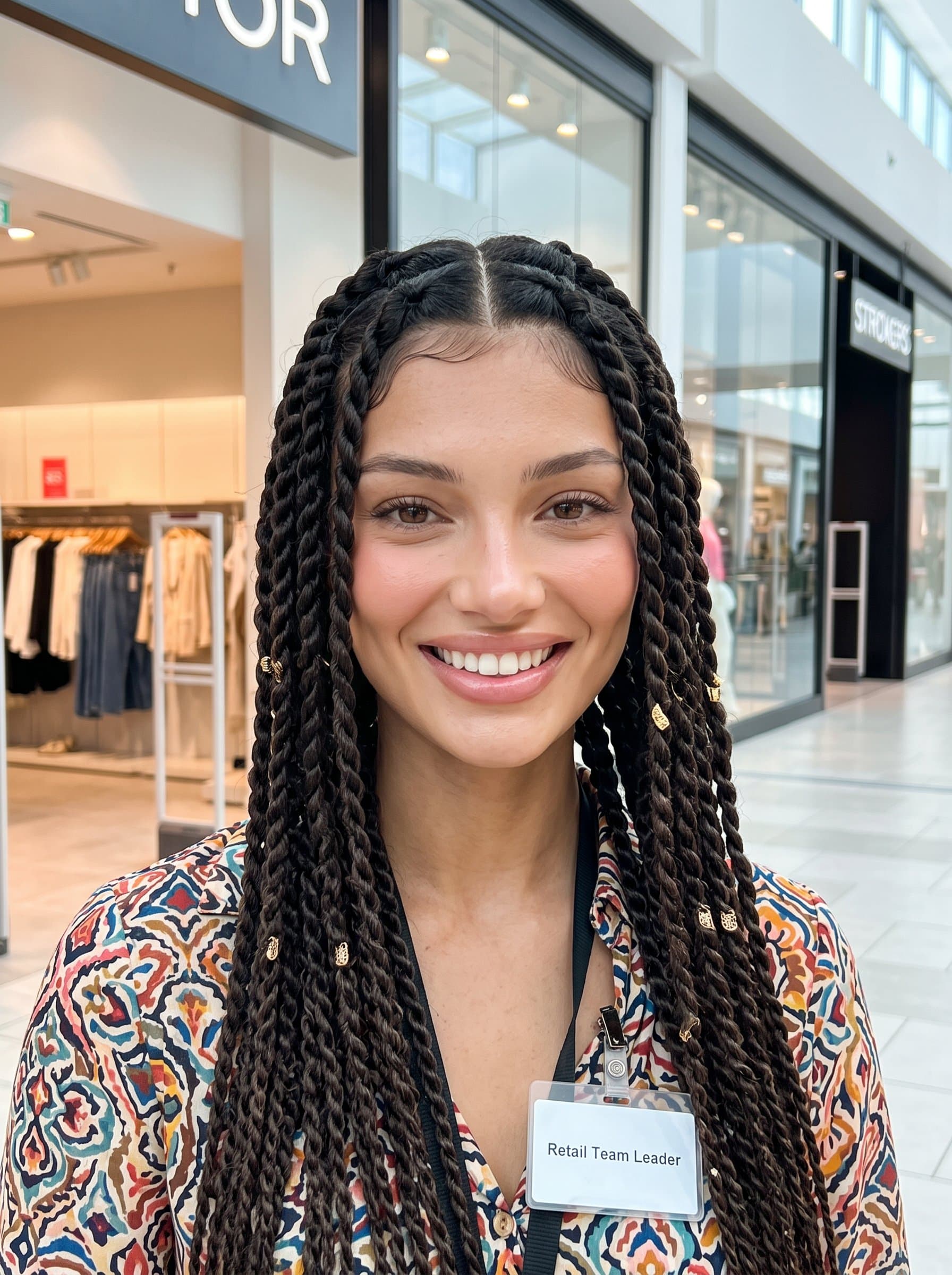 Create an AI headshot using of a retail team leader, exuding warmth with a cheerful expression and patterned shirt, framed by a modern shopping area for an inviting and professional image.