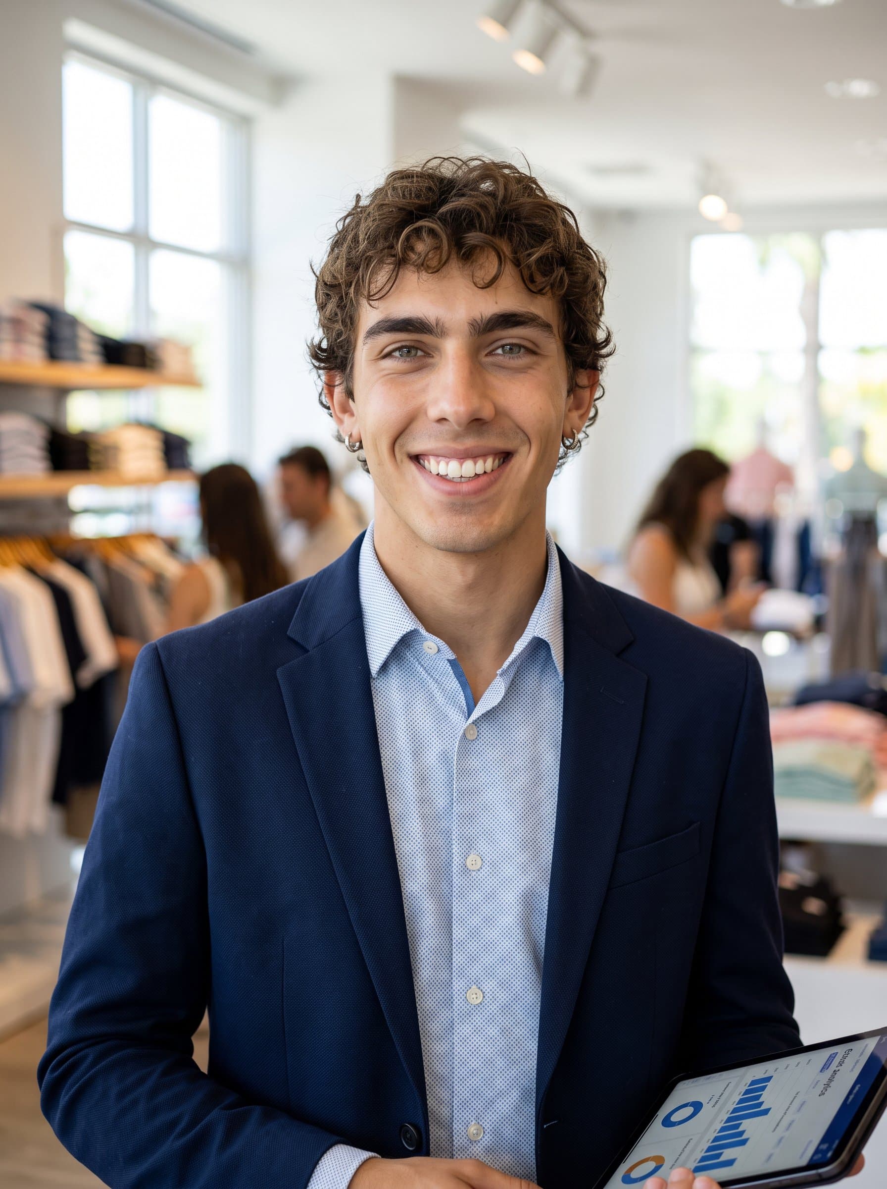 Generate a high-quality AI headshot featuring highlighting a retail specialist with an engaging smile, smart-casual clothes, and dynamic store setting behind to emphasize friendliness and professional expertise.