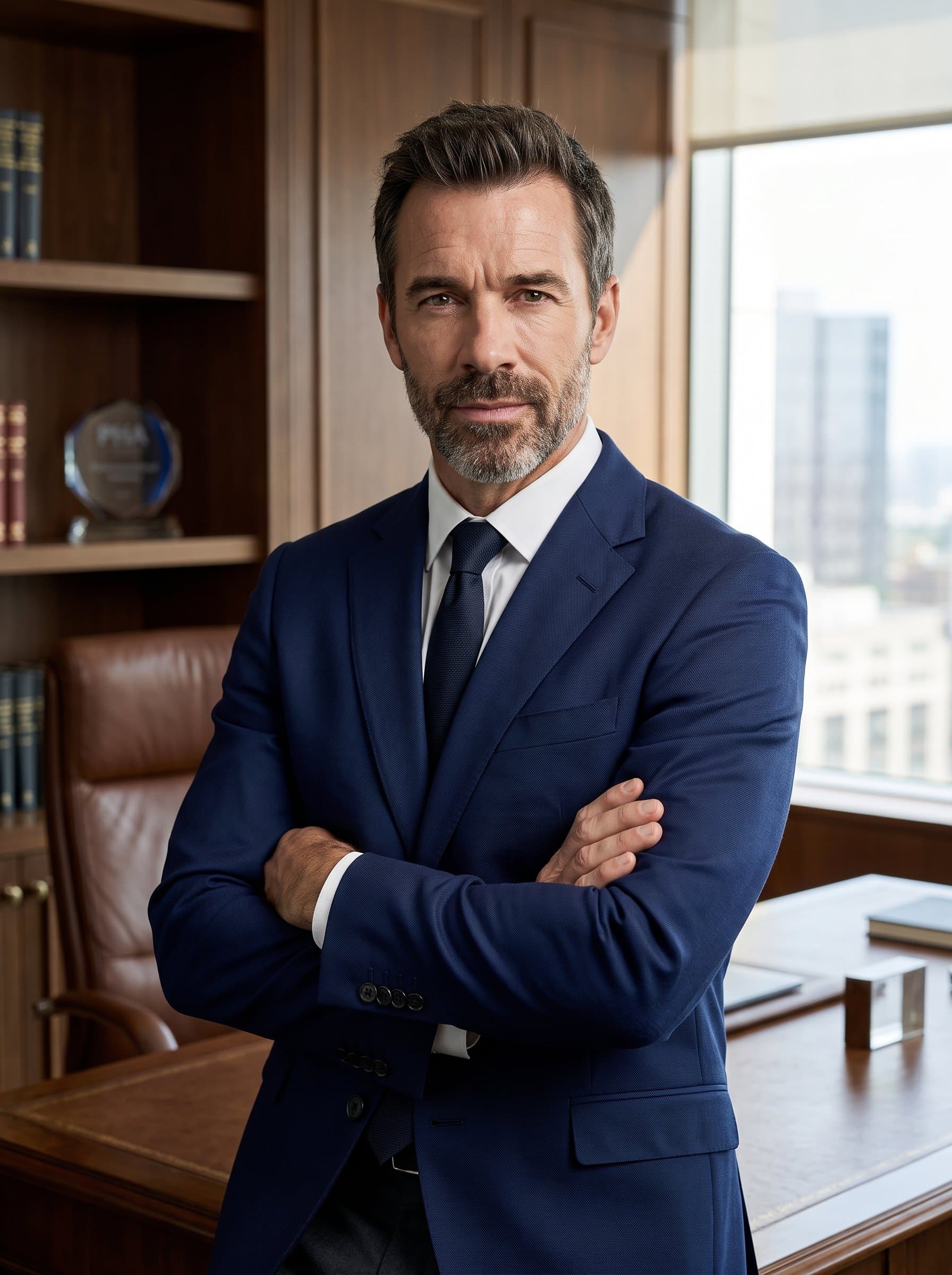 stands with a business jacket in an elegant office setting, the lighting subtly casts shadows to emphasize facial features, portraying a knowledgeable and dependable pharmaceutical professional.