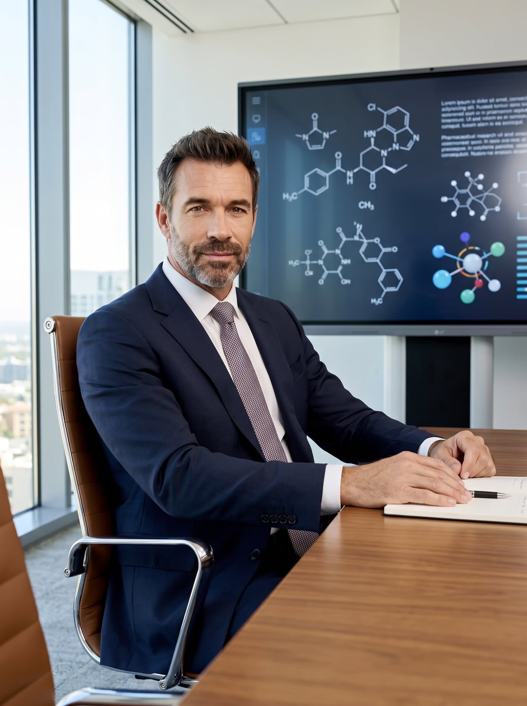 seated elegantly in a modern conference room with a subtle view of molecular diagrams on the screen behind, dressed in professional attire, radiates competence and a future-forward approach to pharmaceuticals.