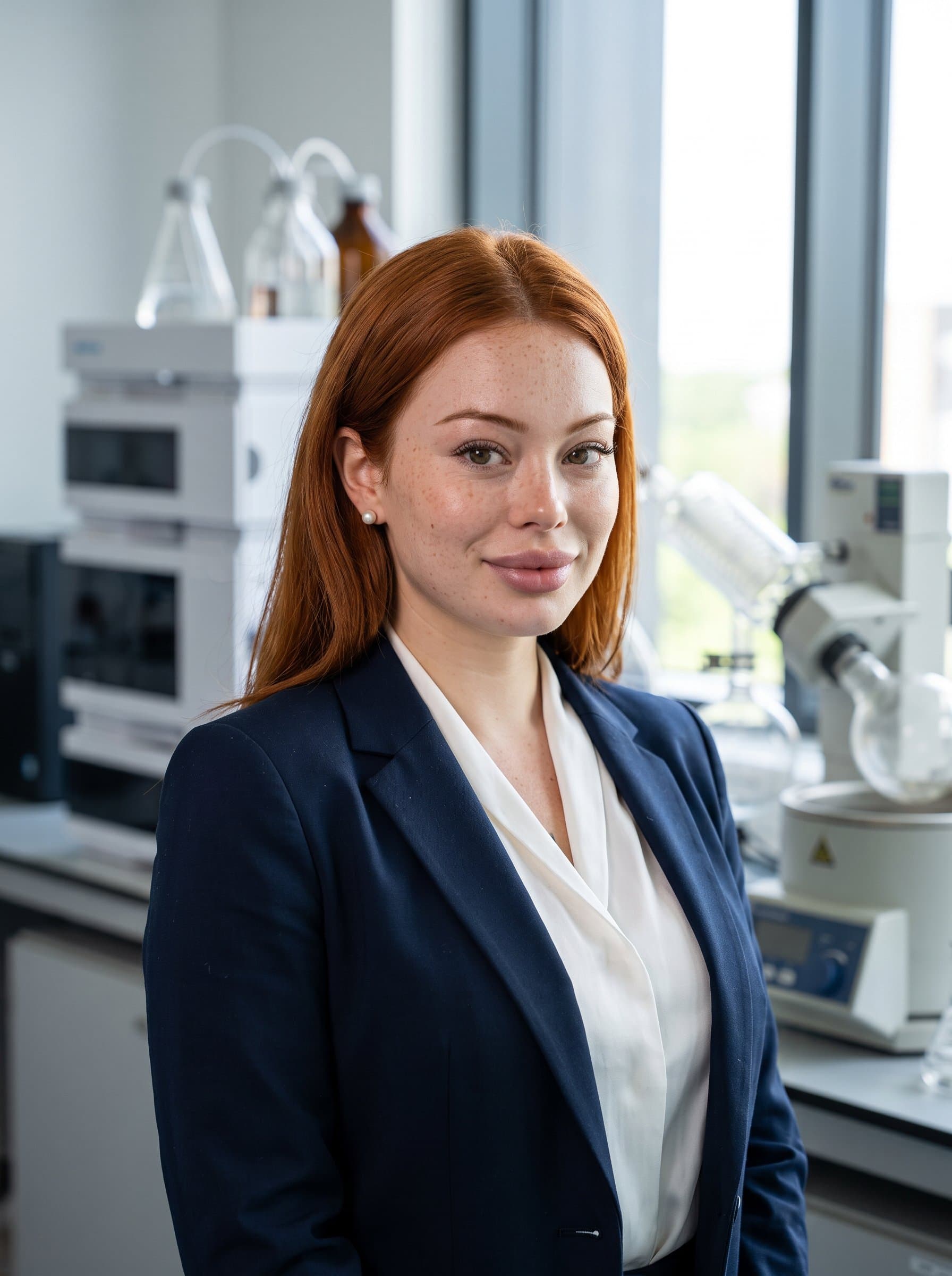 Photorealistic headshot of in a sophisticated business outfit, with soft focus laboratory instruments subtly visible behind, indicating a blend of professional confidence and cutting-edge pharmaceutical expertise.