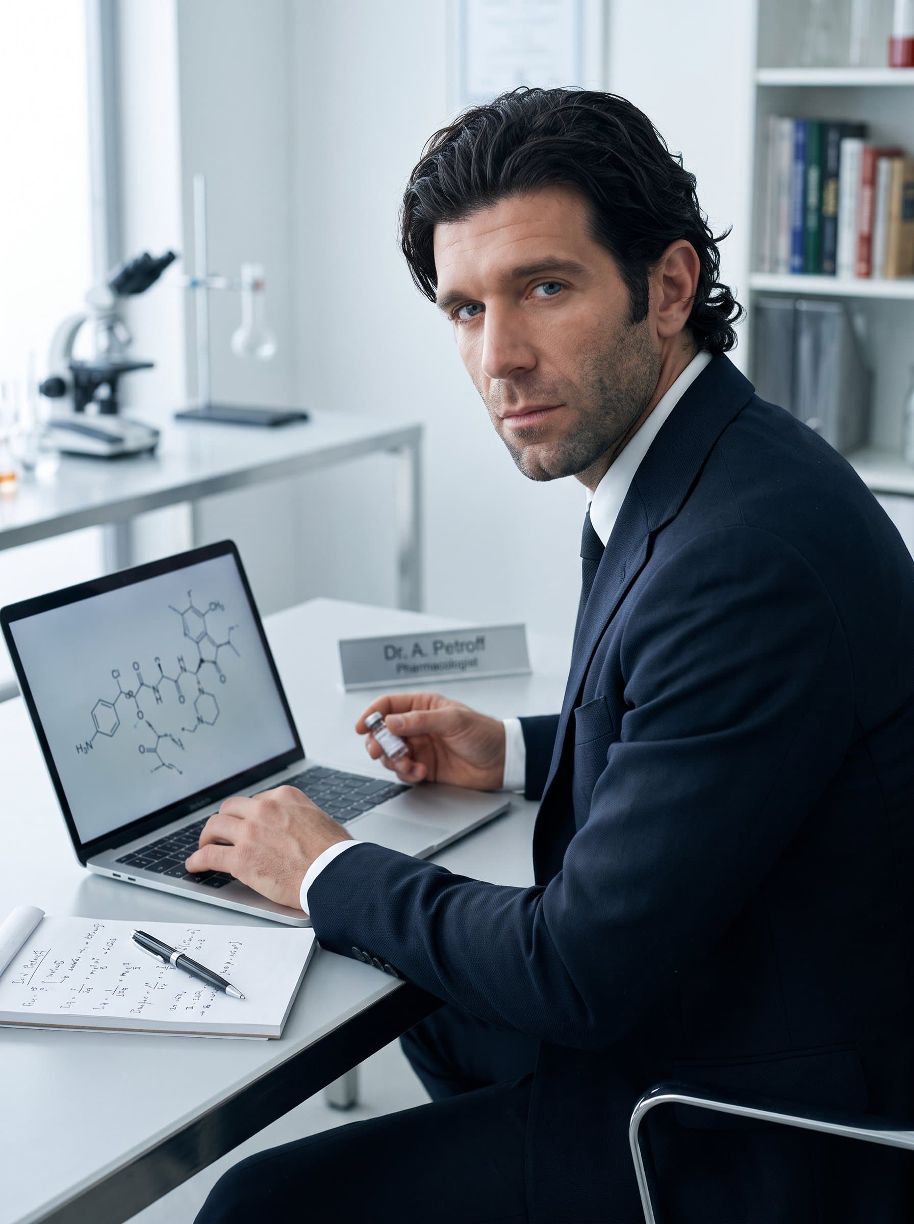 wearing a crisp, tailored blazer, seated at a sleek desk with an open laptop, giving the impression of a dedicated pharmacologist ready for innovation. Neutral background ensures focus remains on the professional man.