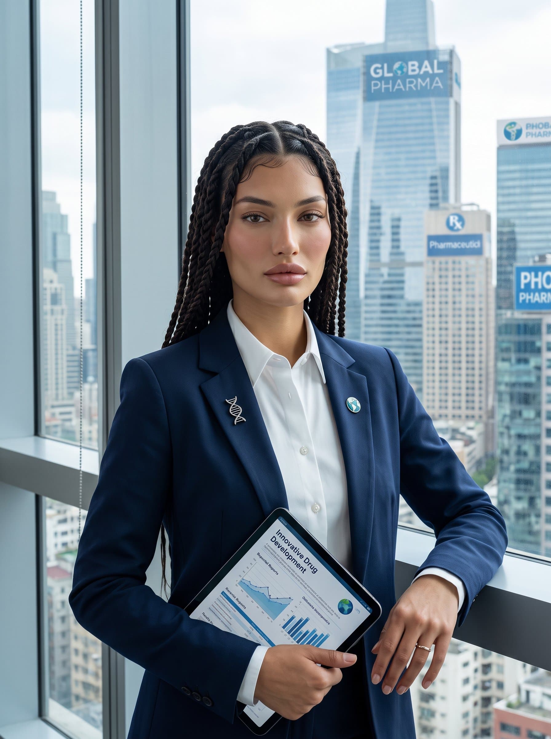 in a formal shirt and jacket, captured in natural light by a window overlooking a cityscape, symbolizing the global impact and forward-thinking nature of their pharmaceutical undertakings.