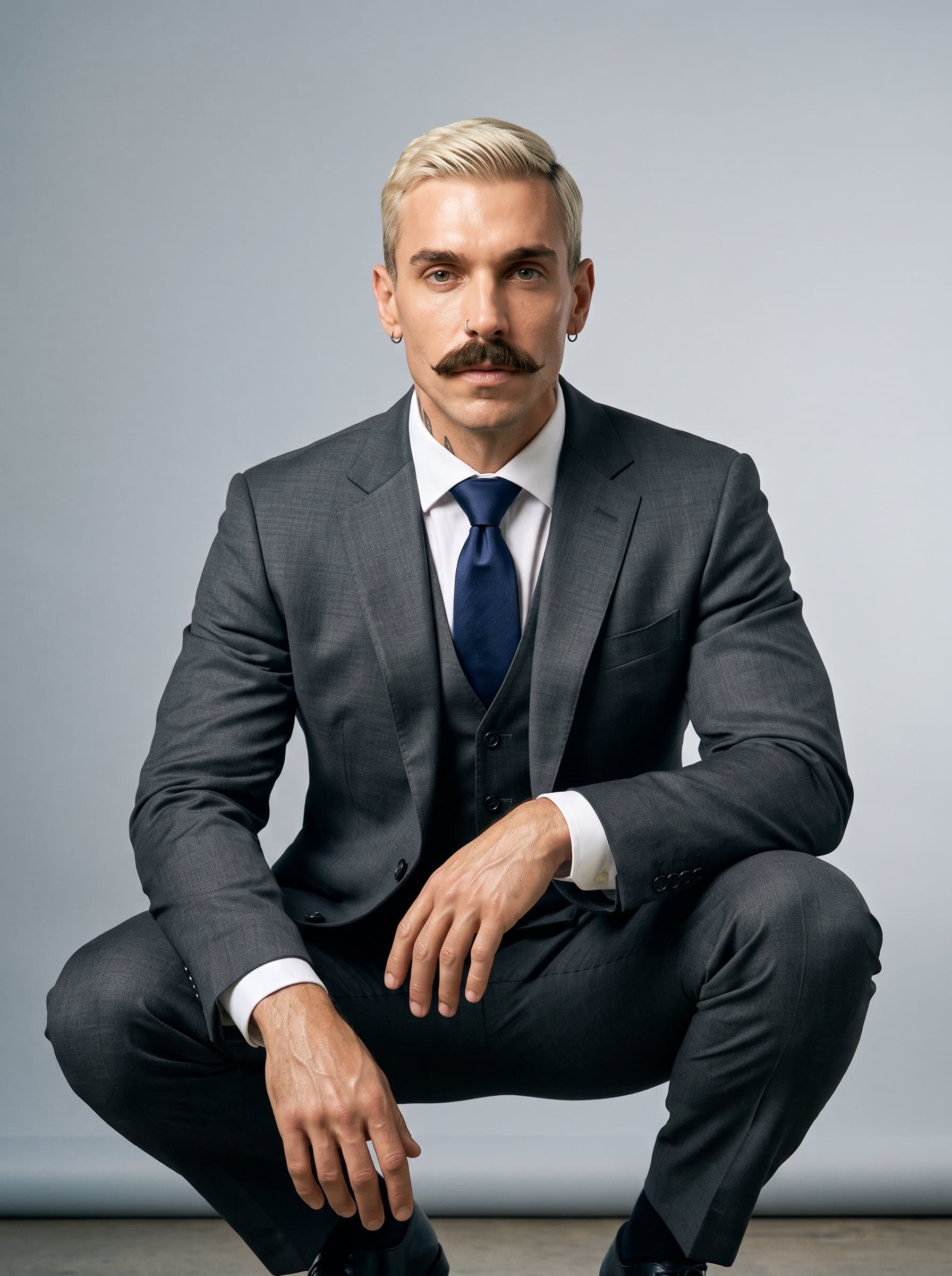 Against a smooth, grey background, wears a classic business suit, their expression calm and assured, representing the trusted voice of pharmaceutical innovation and reliability.