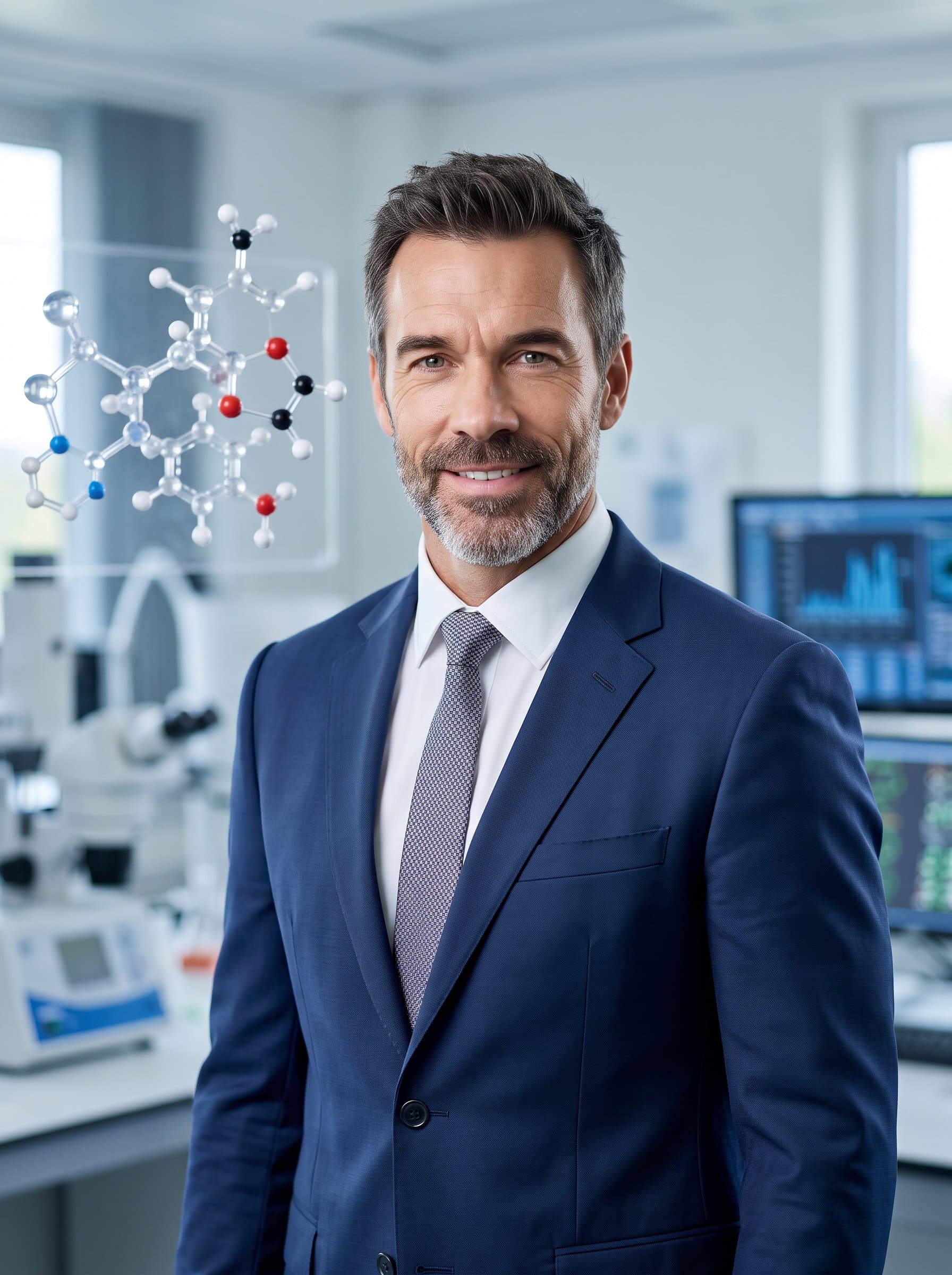 A precise headshot of in a business outfit, a molecular model subtly incorporated into the background, emphasizing their role as an innovative and reliable pharmaceutical leader.