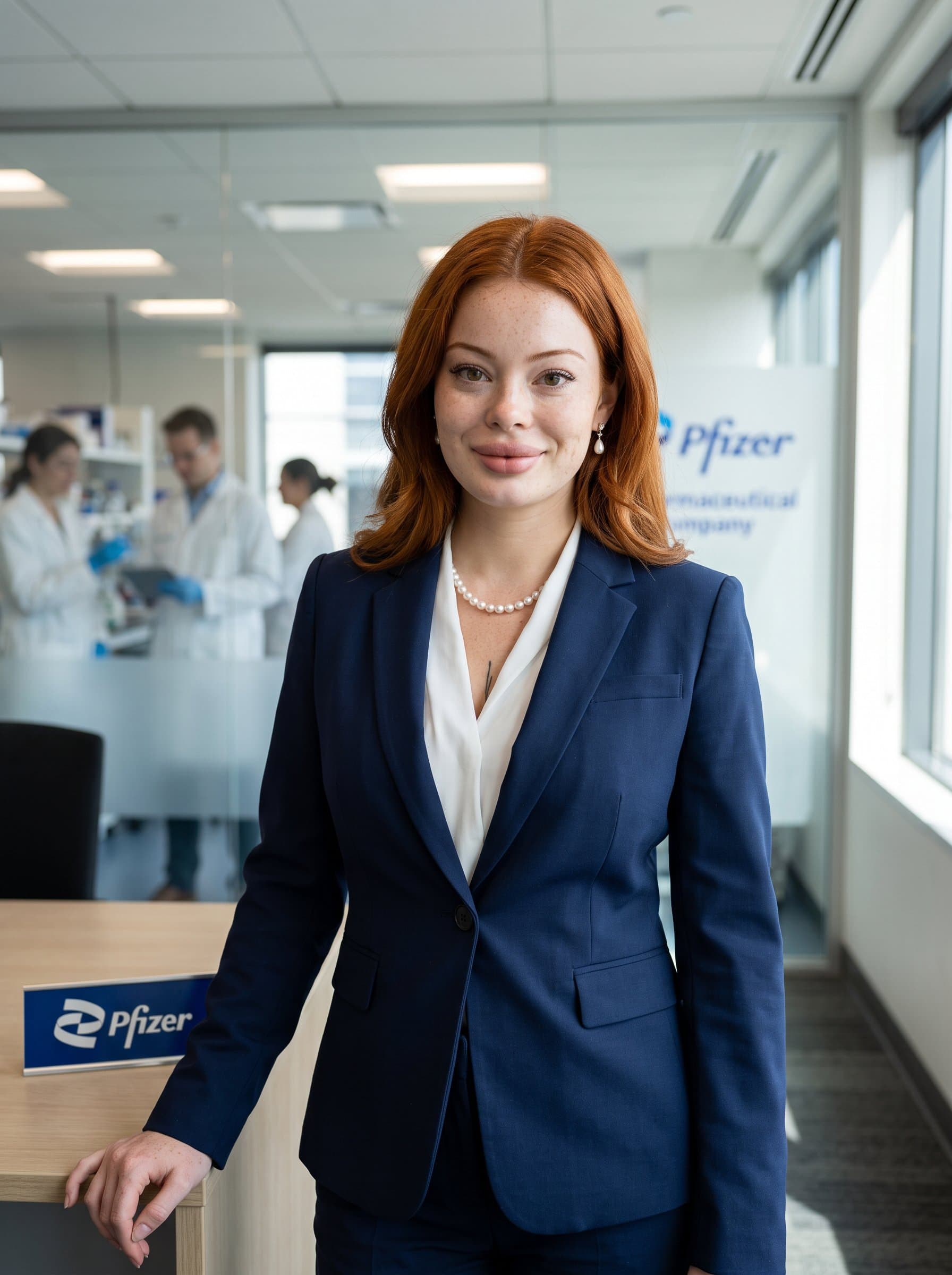 In a stylish office environment, is portrayed in a formal suit with a subtle smile, reflecting both the warmth and the steadfast capability expected in the pharmaceutical industry.
