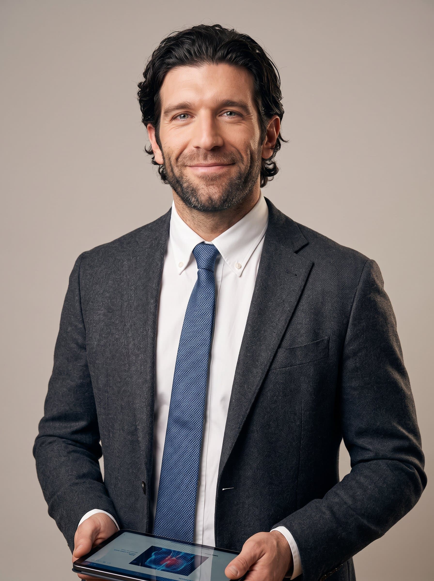 stands in front of a neutral backdrop, wearing a smart business ensemble. A faint glow highlights their confident expression, embodying the trusted figure of pharmaceutical advancement with a warm, approachable vibe.