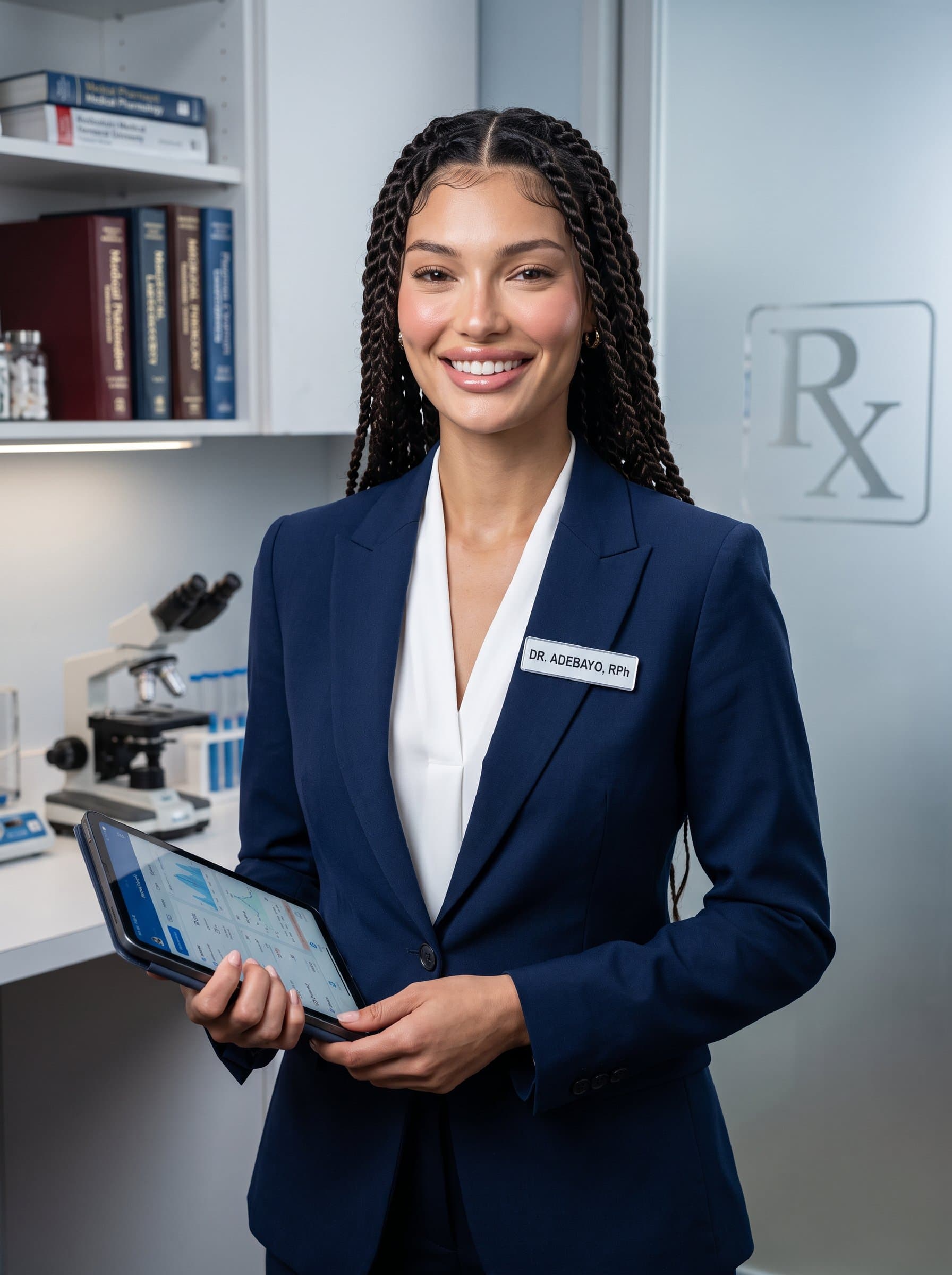 elegantly dressed in professional attire, stands in a contemporary office space, with an air of approachability and competence, highlighted by strategic lighting to project their pharmaceutical proficiency.