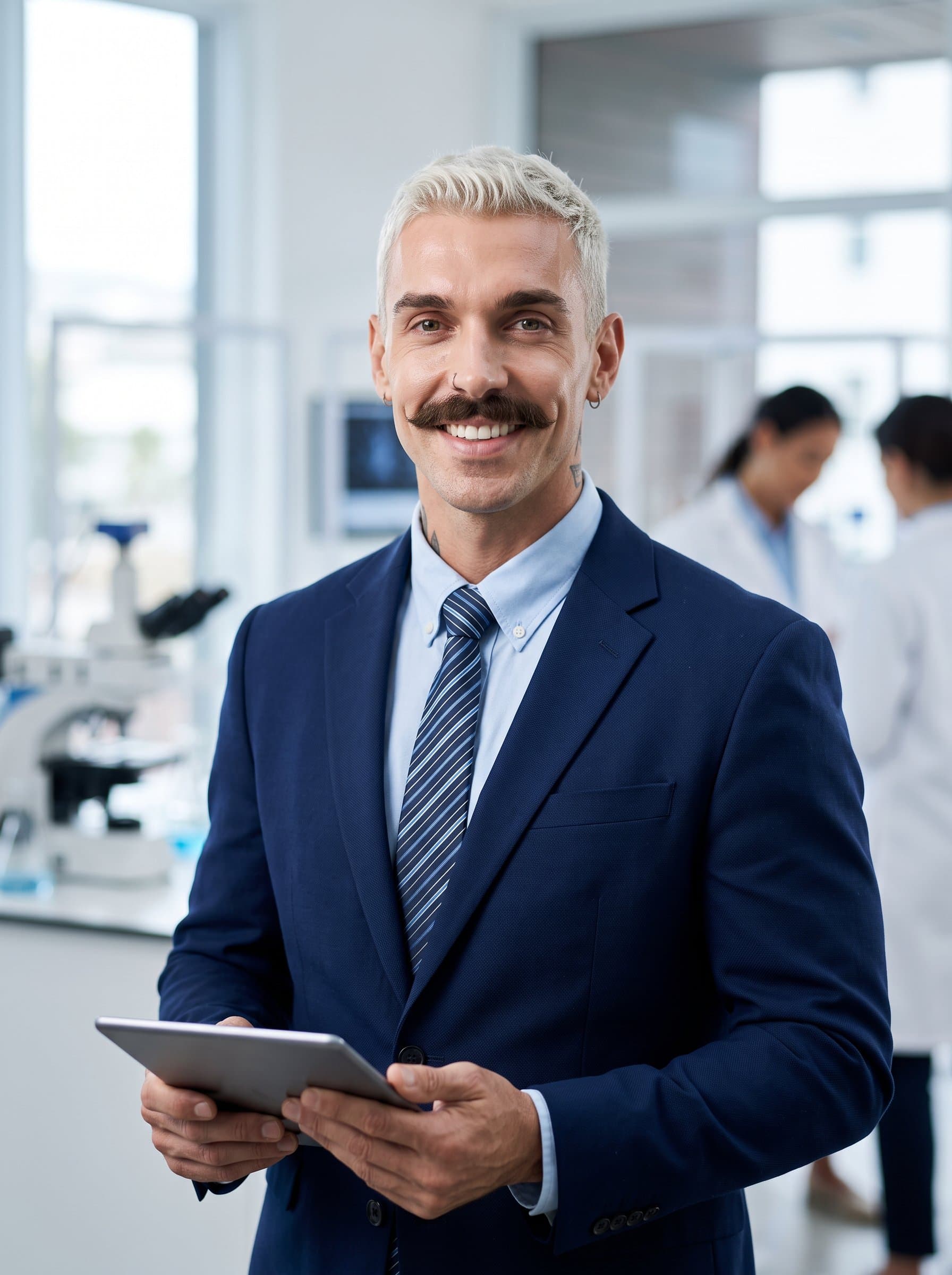 in a well-tailored jacket, photographed in soft, ambient lighting that accentuates their features, signaling expertise and trustworthiness in the pharmaceutical sector.