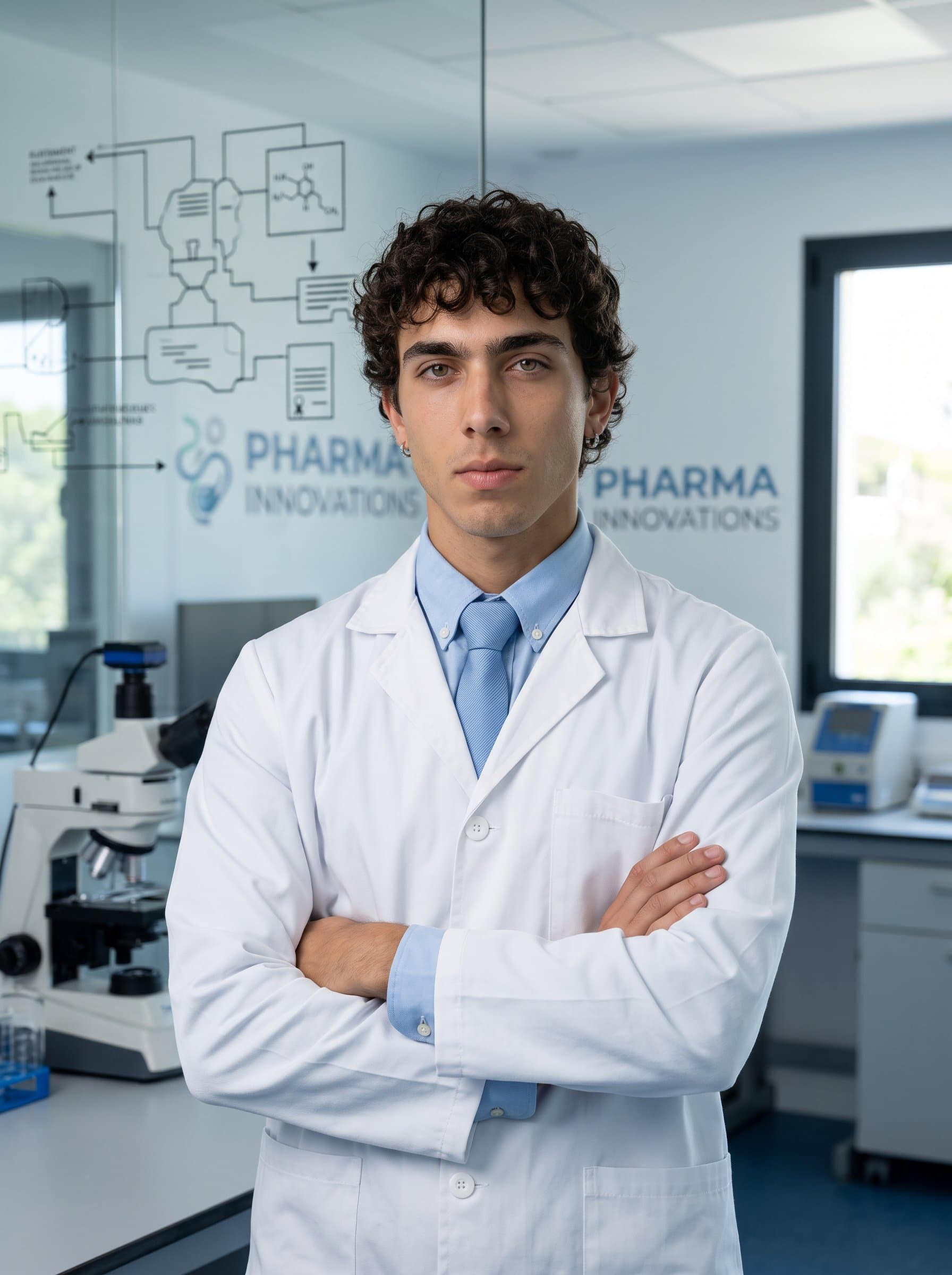 In a polished office with neutral tones, stands confidently, their business attire and composed expression reflecting the authority and imaginative thinking of a pharmaceutical expert.