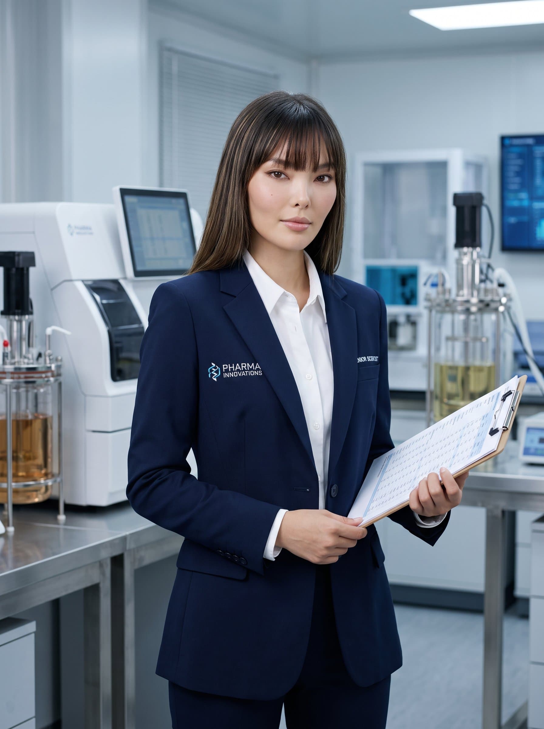 Inside a high-tech lab, stands holding a clipboard, with chemical displays and scientific equipment subtly in the background. The attire is formal, projecting an image of a reliable and innovative pharma expert.