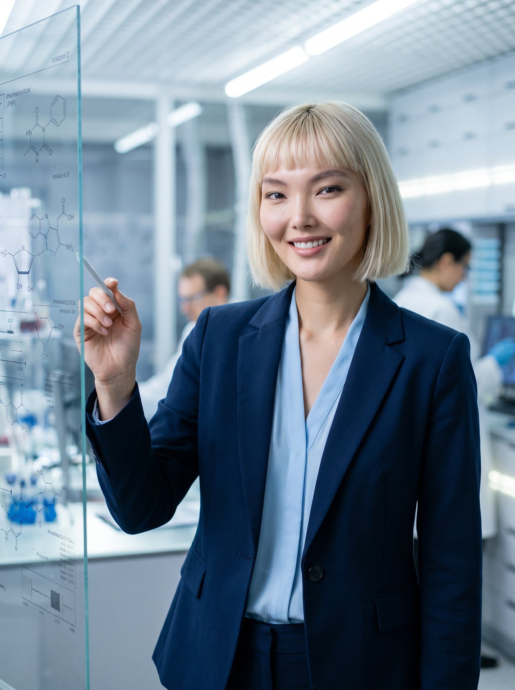 in a tidy blazer, stands beside a translucent board with chemical structures faintly visible, embodying the essence of an innovative and dependable professional within the pharmaceutical industry.
