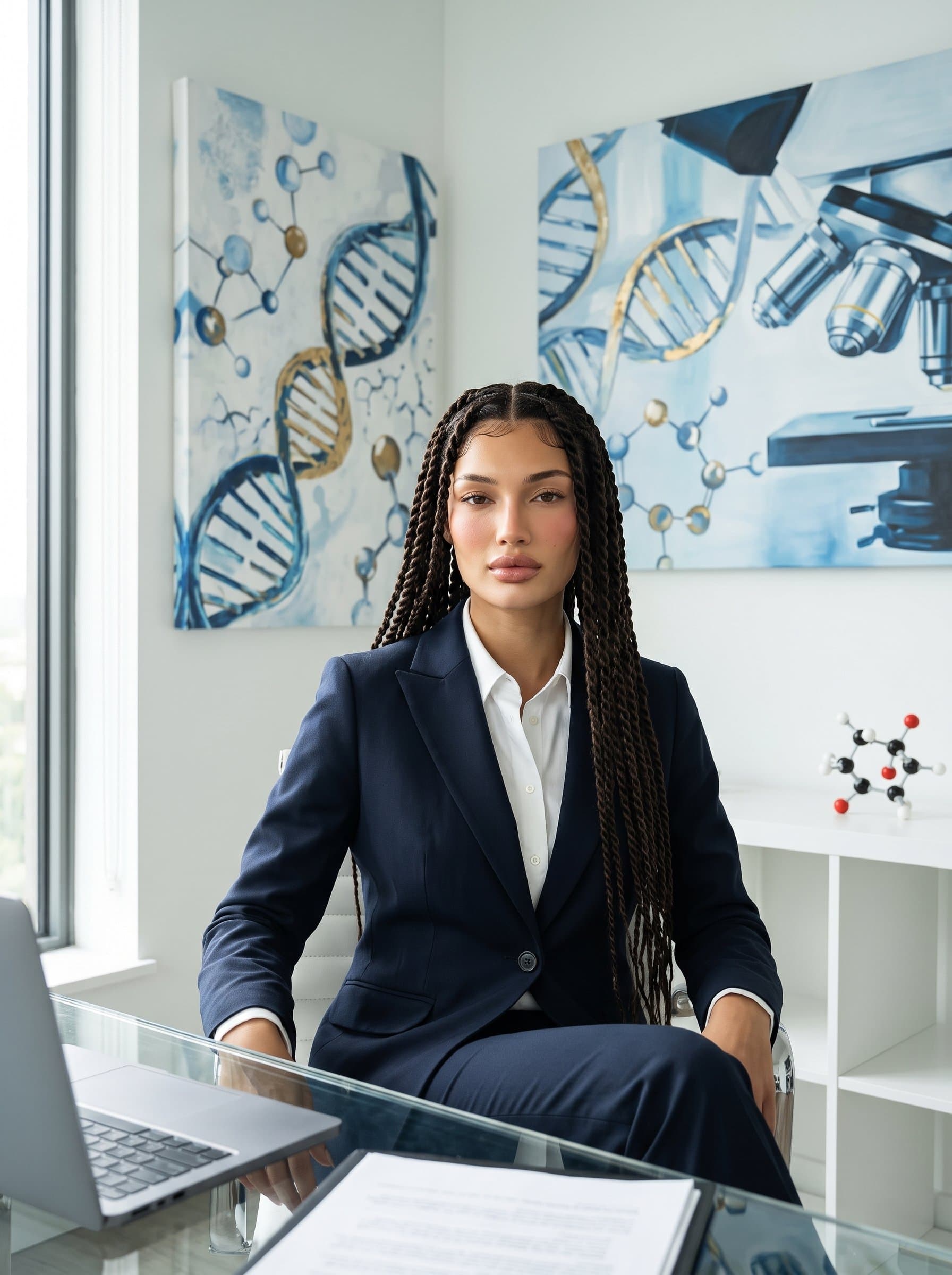 In a minimalist office with abstract science-themed art, sits poised in a business suit, with lighting that highlights their innovative spirit and credibility in the pharmaceutical field.