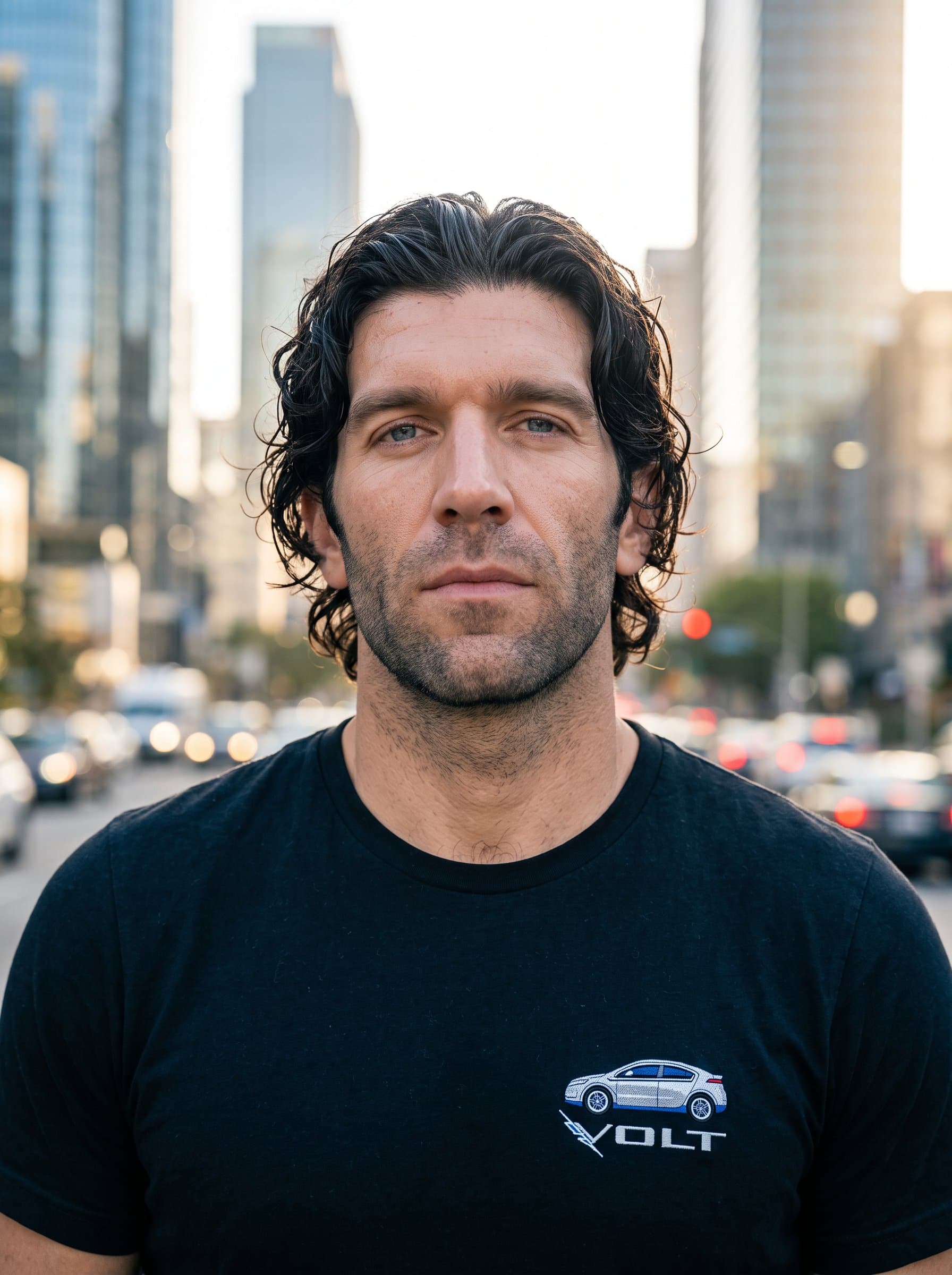 : A photorealistic headshot of a man with an elegant electric car insignia on their shirt. The blurred cityscape suggests urban mobility and their forward-thinking approach in the auto industry.