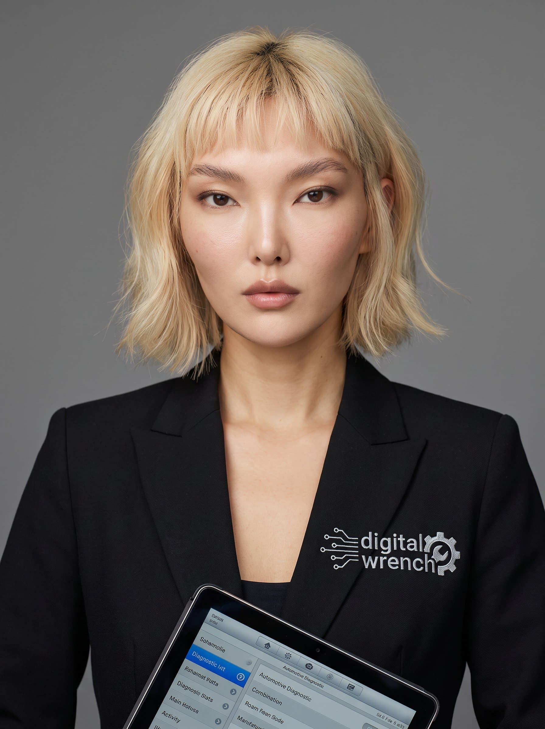 : Capture a professional with a digital wrench logo on their blazer, poised against a monochrome backdrop. Their confident gaze reflects their expertise in automotive technology and innovation.