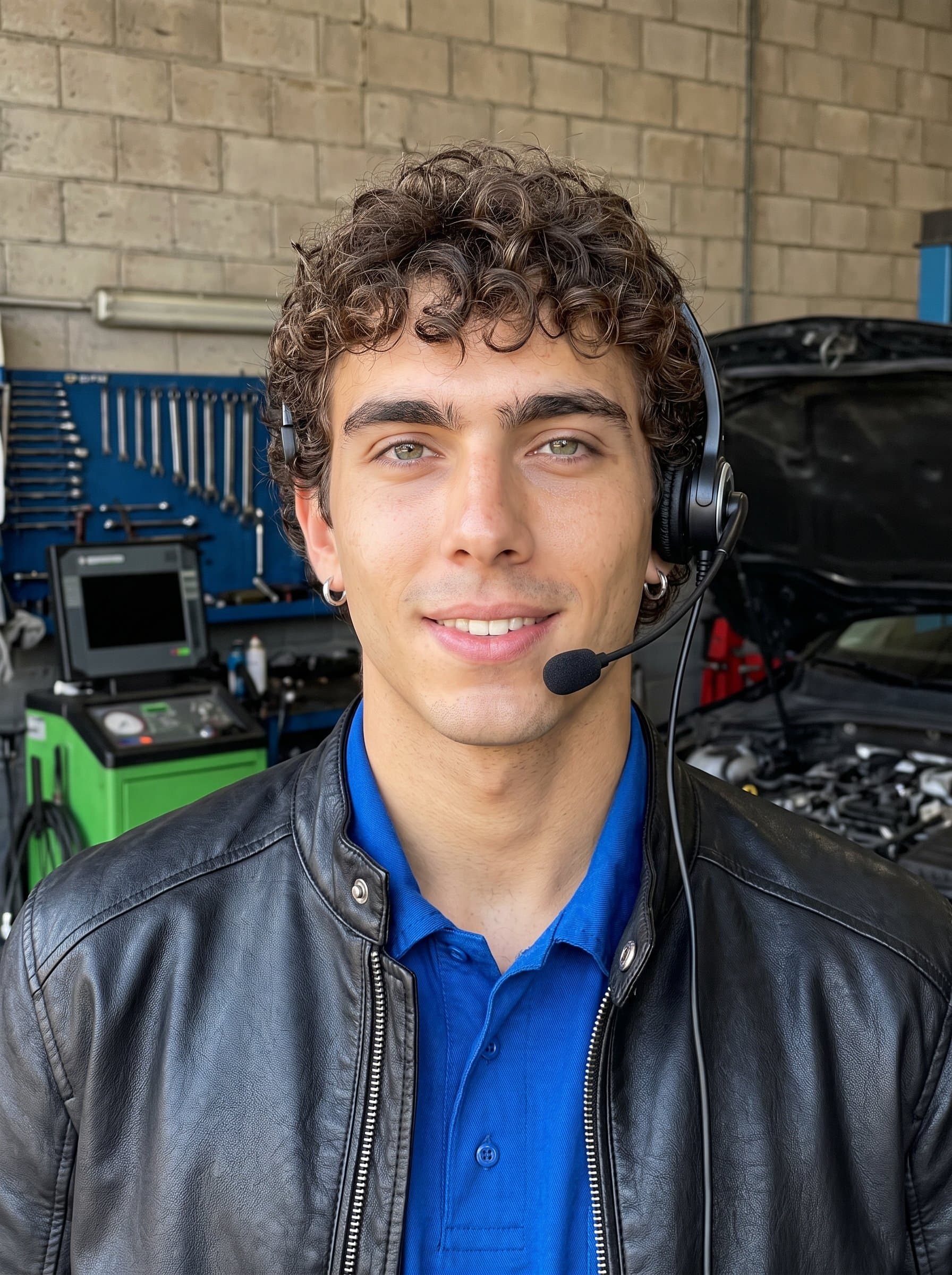 : Create a headshot featuring a professional with a dark leather jacket and headset. The understated garage backdrop highlights their hands-on approach and technical acumen in automotive engineering.