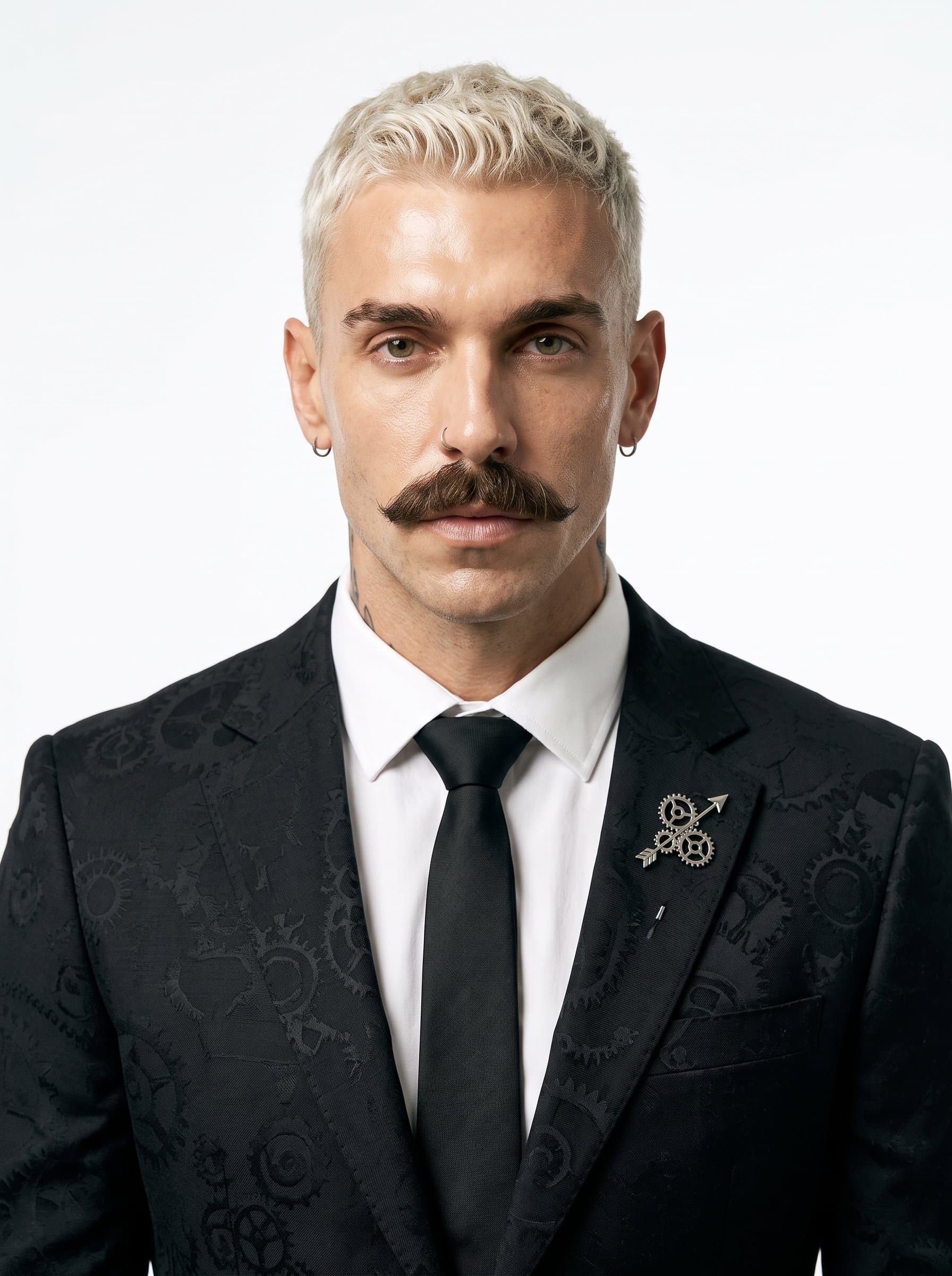 : Photorealistic headshot of a man wearing a classic black blazer with a discreet gear motif, set against a clean white background, emphasizing their focus on automotive efficiency.