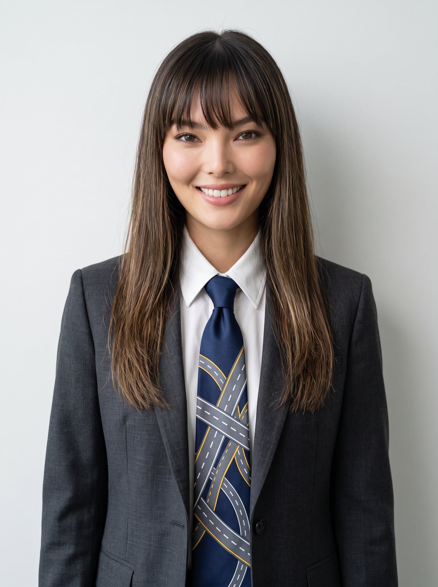 : Capture a professional with a tie featuring abstract highway lines, set against a clean, neutral backdrop. Their poised demeanor communicates leadership in automotive project management.