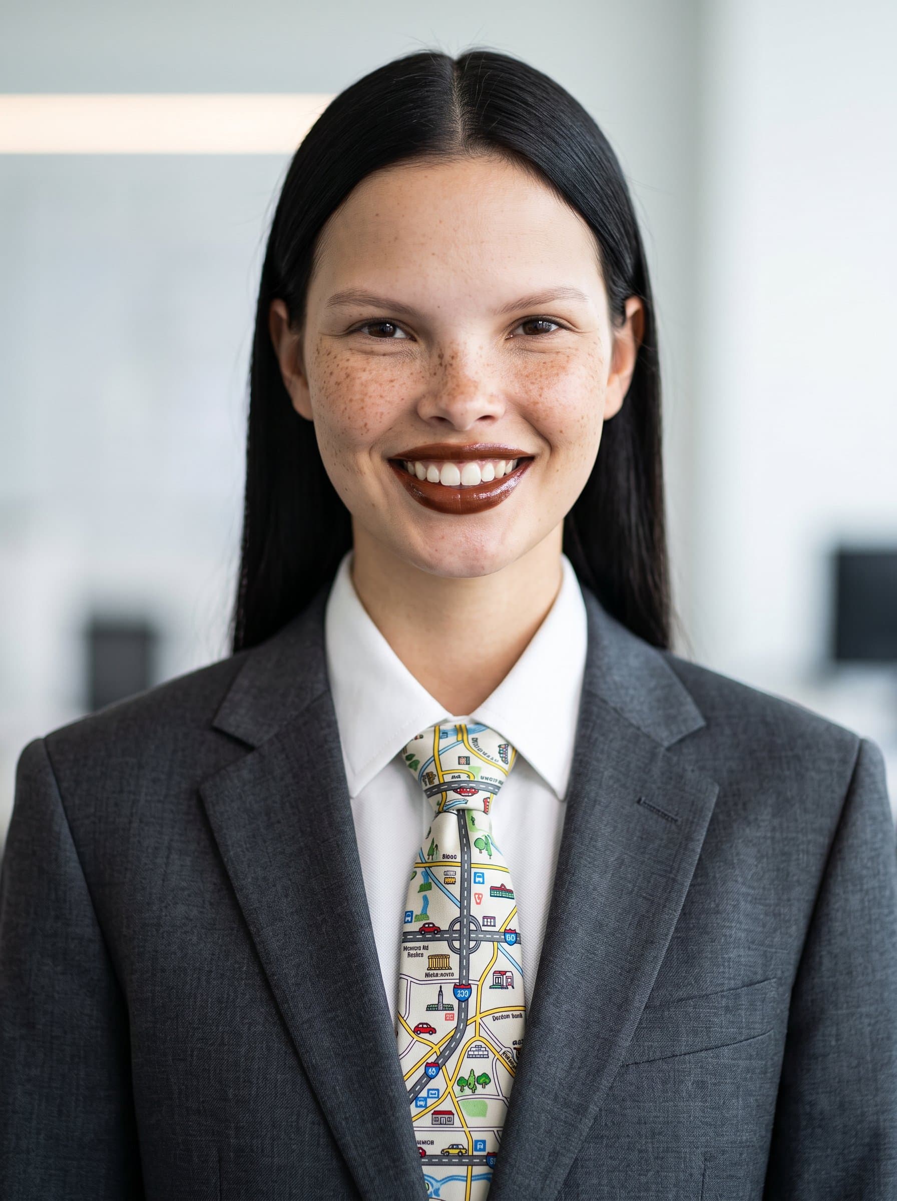 : A studio headshot of an woman in a charcoal gray suit with a small road map pattern on their tie, symbolizing strategic planning in the automotive sector.