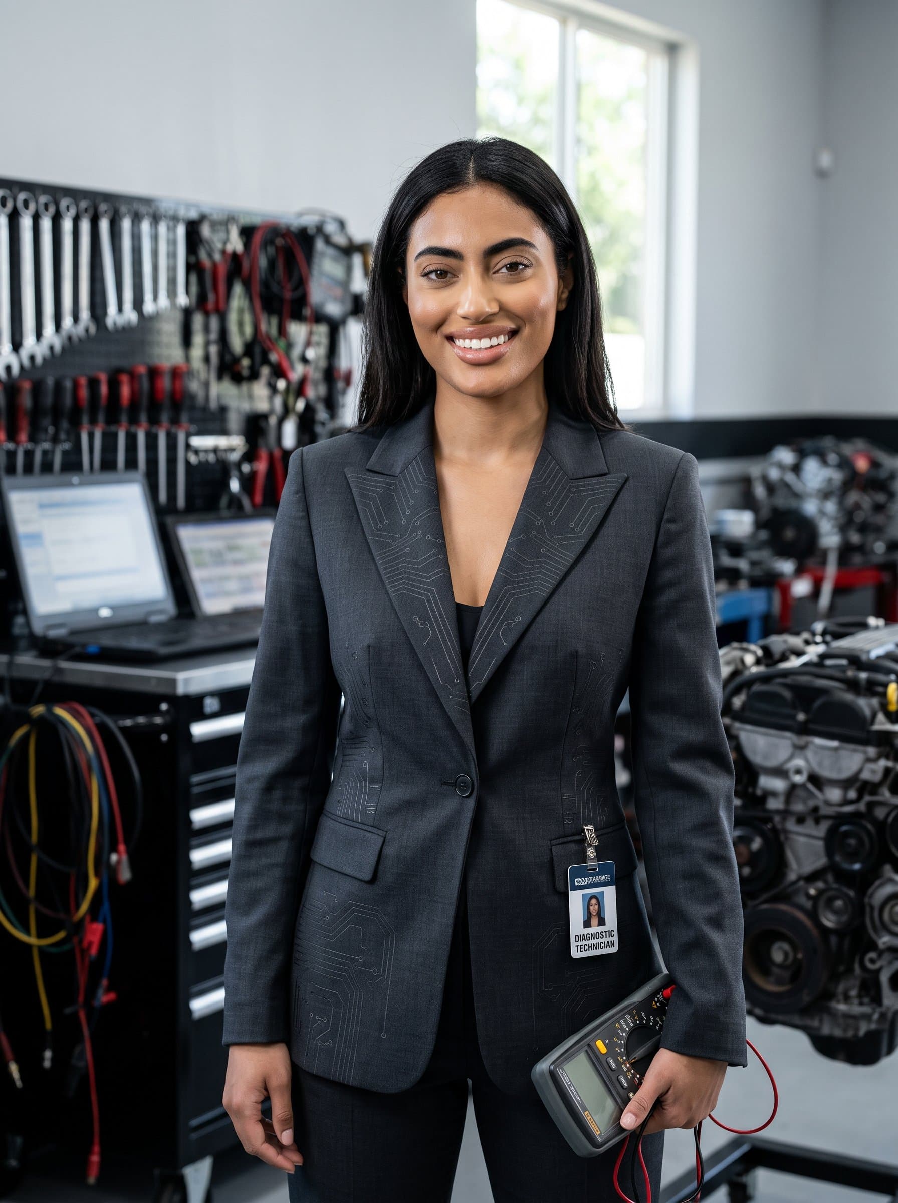 : Portrait of an woman in a sleek graphite-colored suit with subtle circuit designs, against a soft-focus backdrop of automotive tools. It conveys their expertise in automotive electronics.