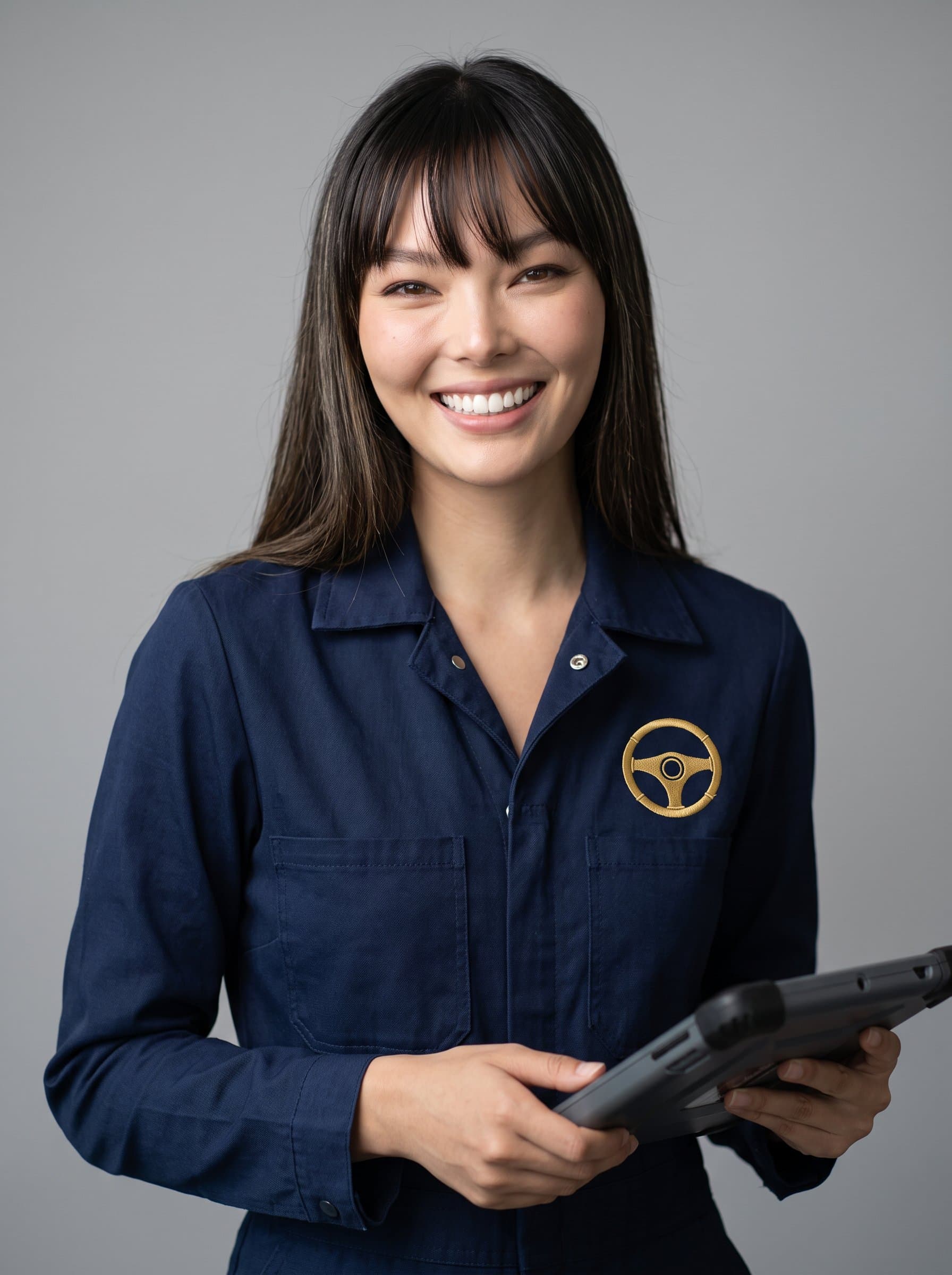 : A photorealistic image of a woman in a modern, navy blue outfit, with a steering wheel emblem. The neutral gray background frames their engaging smile and passion for the automotive profession.