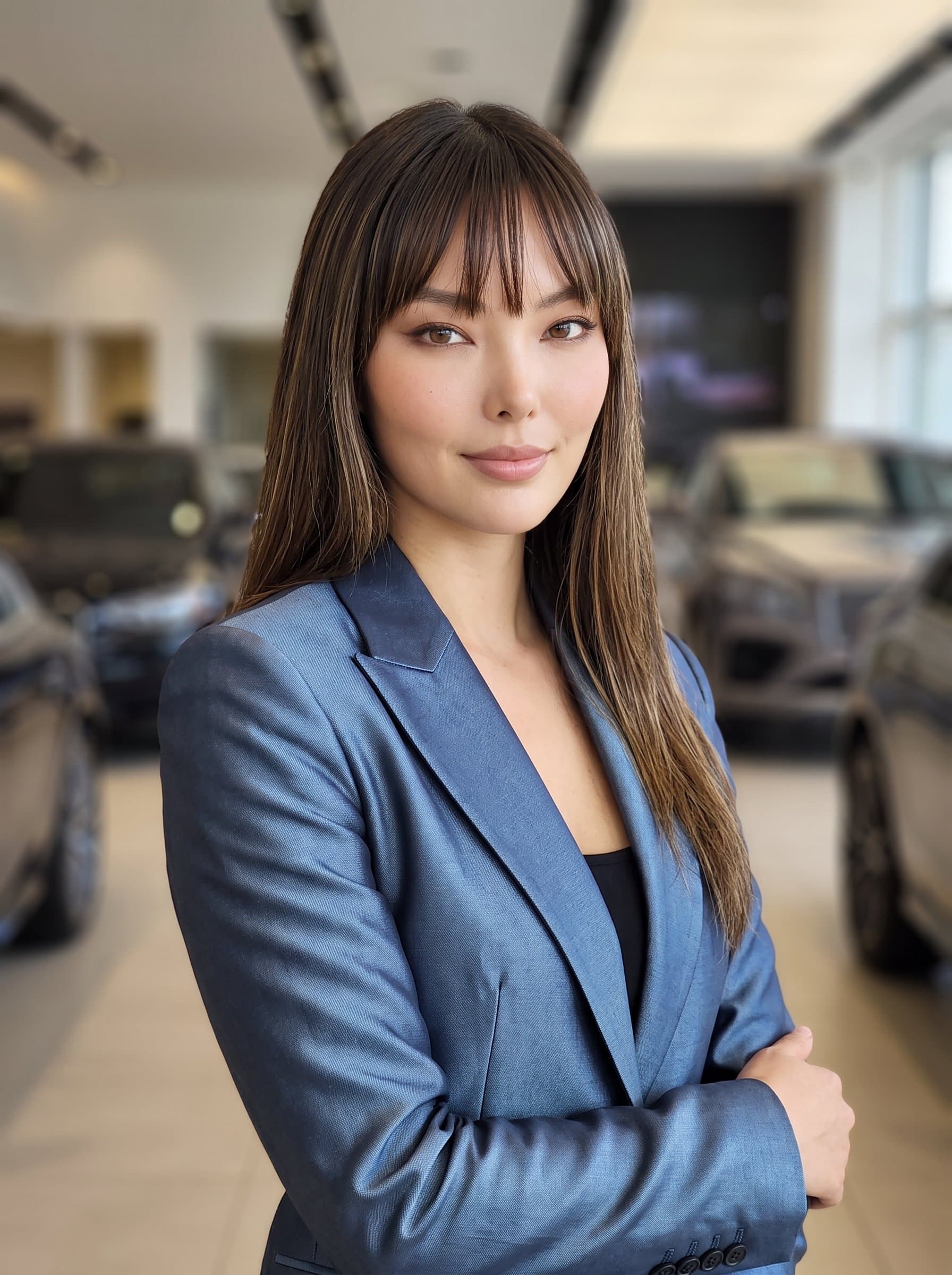 : A photorealistic headshot of a woman wearing a sleek, metallic-blue jacket, standing in front of a blurred car showroom backdrop. The neutral background enhances their features, projecting confidence and expertise.